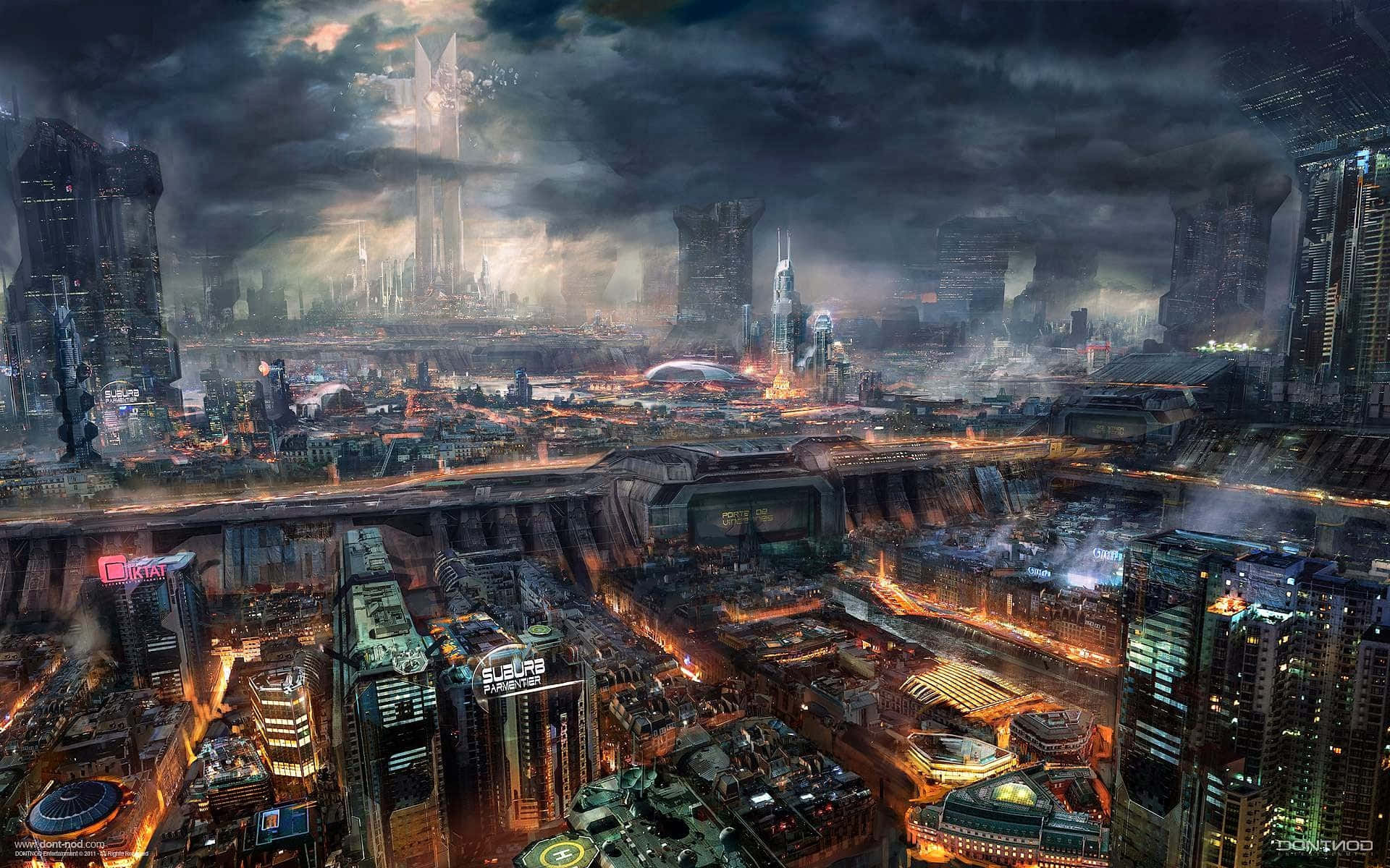 Future City, neon lights, towering skyscrapers, Full HD Desktop Wallpaper
