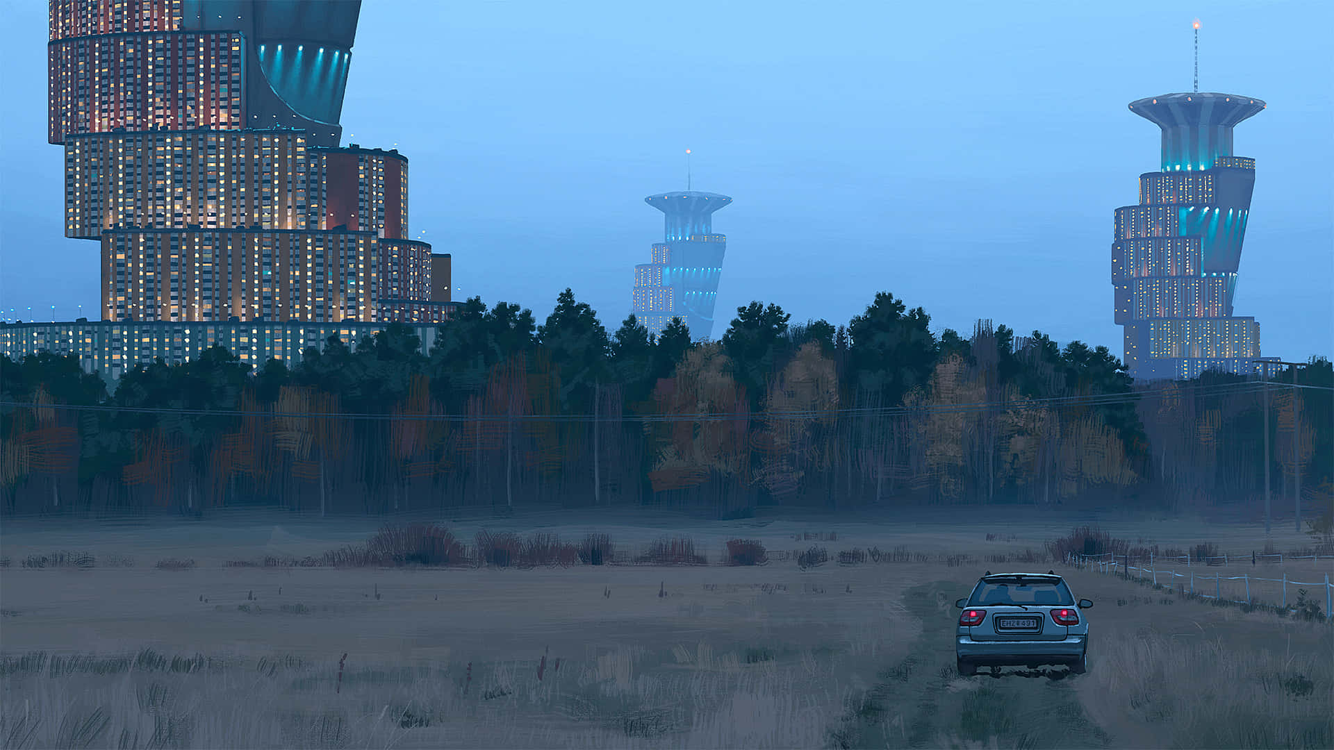 silver SUV, rural dirt road, futuristic illuminated towers, Full HD Desktop Wallpaper