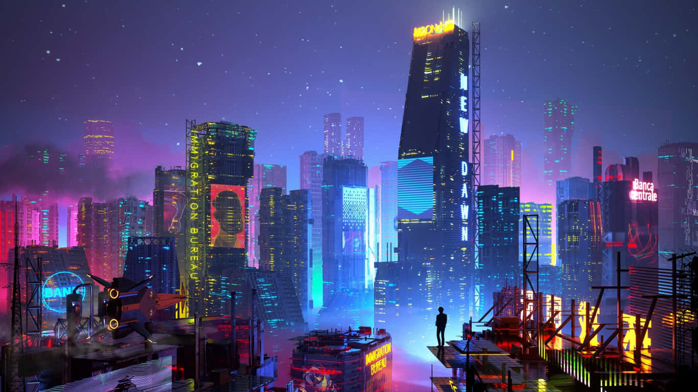 futuristic city skyline, neon-drenched cyberpunk cityscape, starry night sky, HD Desktop Wallpaper
