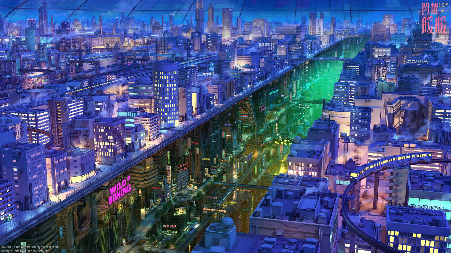 Future City, neon lights, glowing river, Full HD Desktop Wallpaper