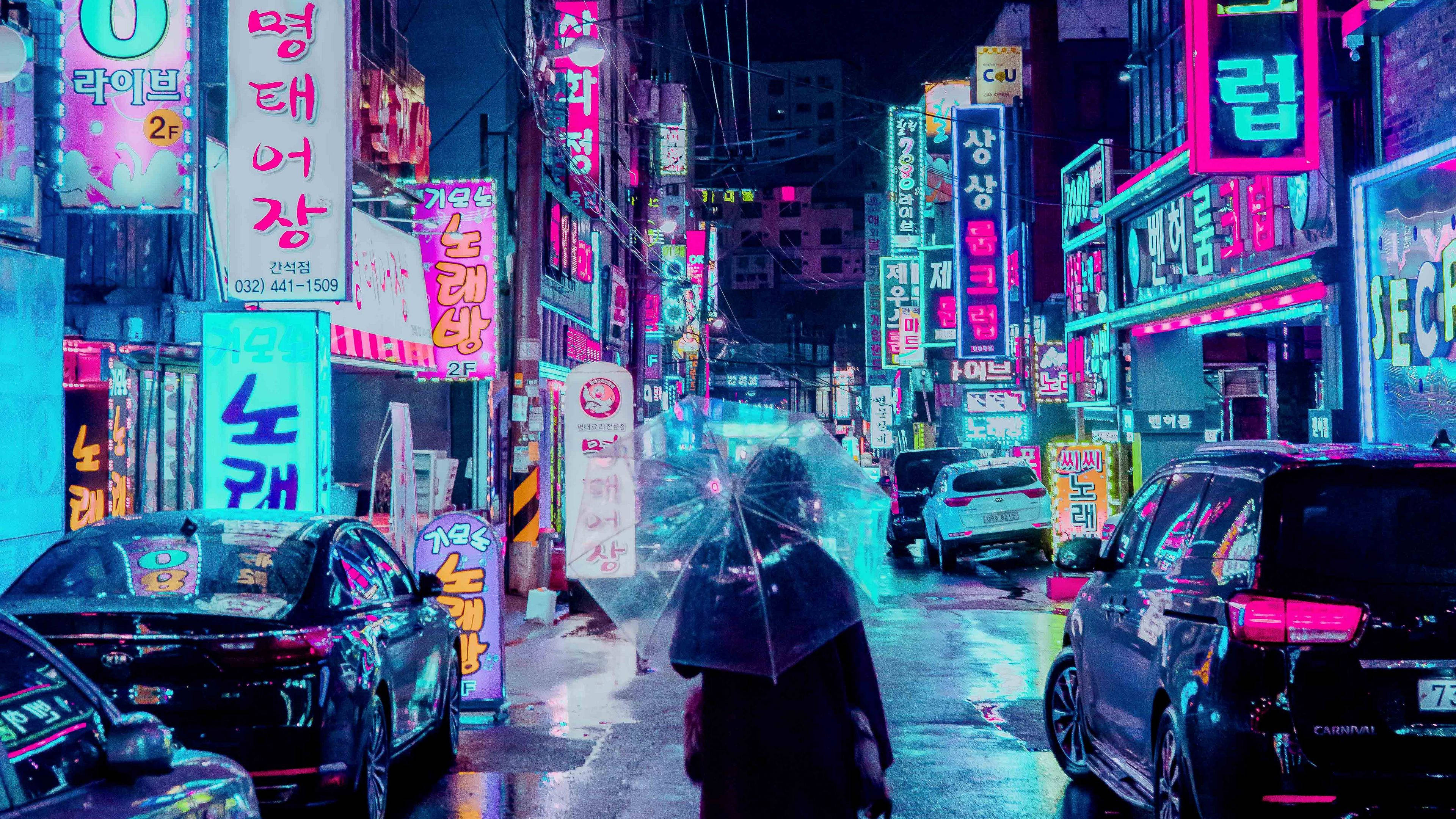 Night City, neon-drenched Korean alley, rain, 4K Desktop Wallpaper