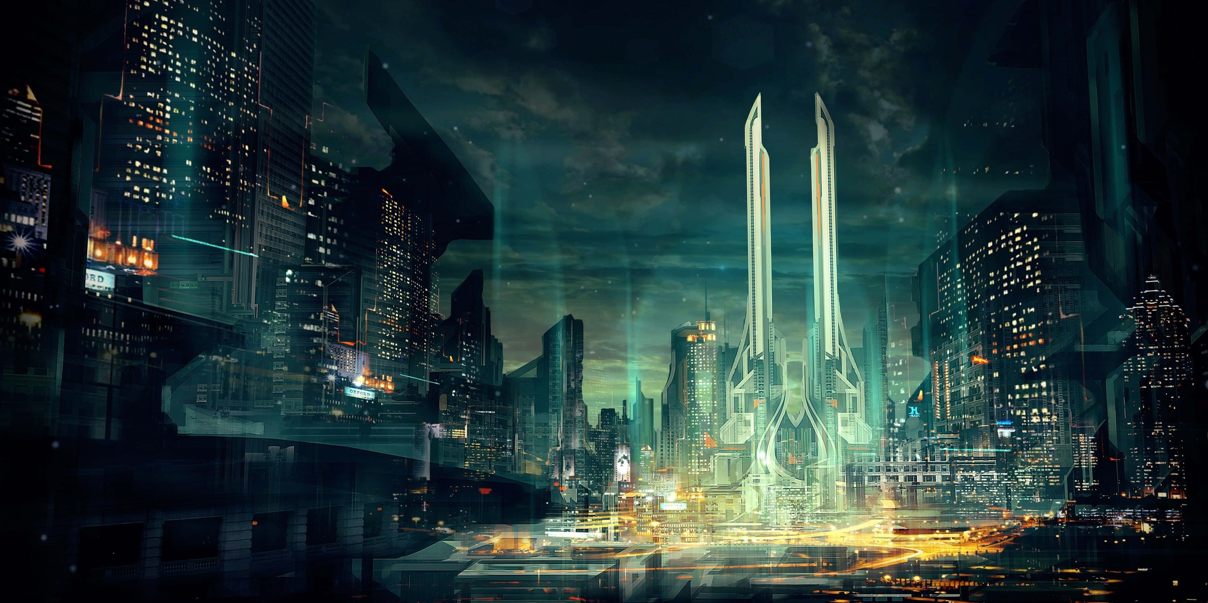 Future City, neon towers, holographic lights, 4K Desktop Wallpaper