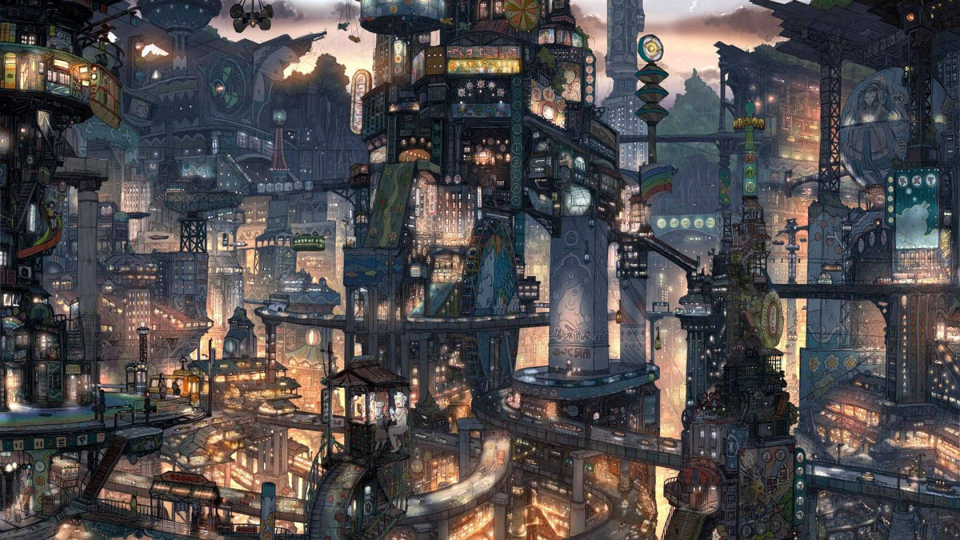 futuristic anime city, cyberpunk cityscape, dusk, Full HD Desktop Wallpaper