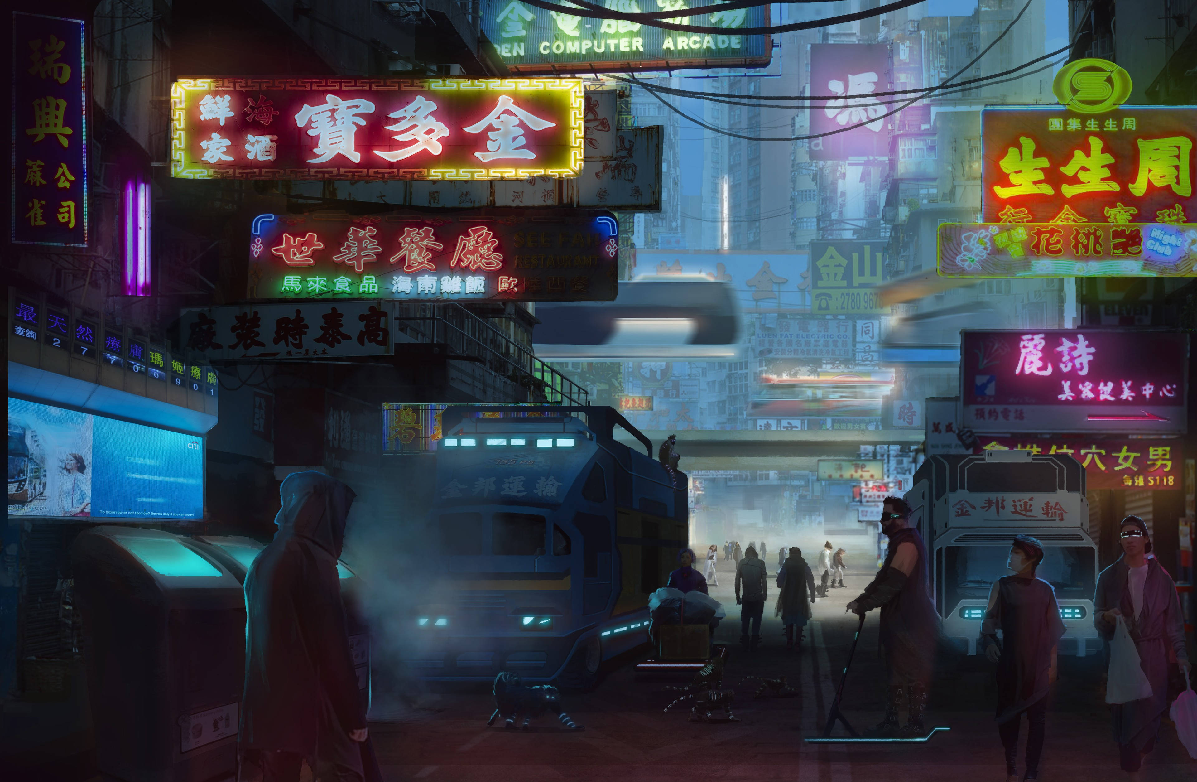 cyberpunk alleyway, neon-lit, glowing signs, 4K Desktop Wallpaper