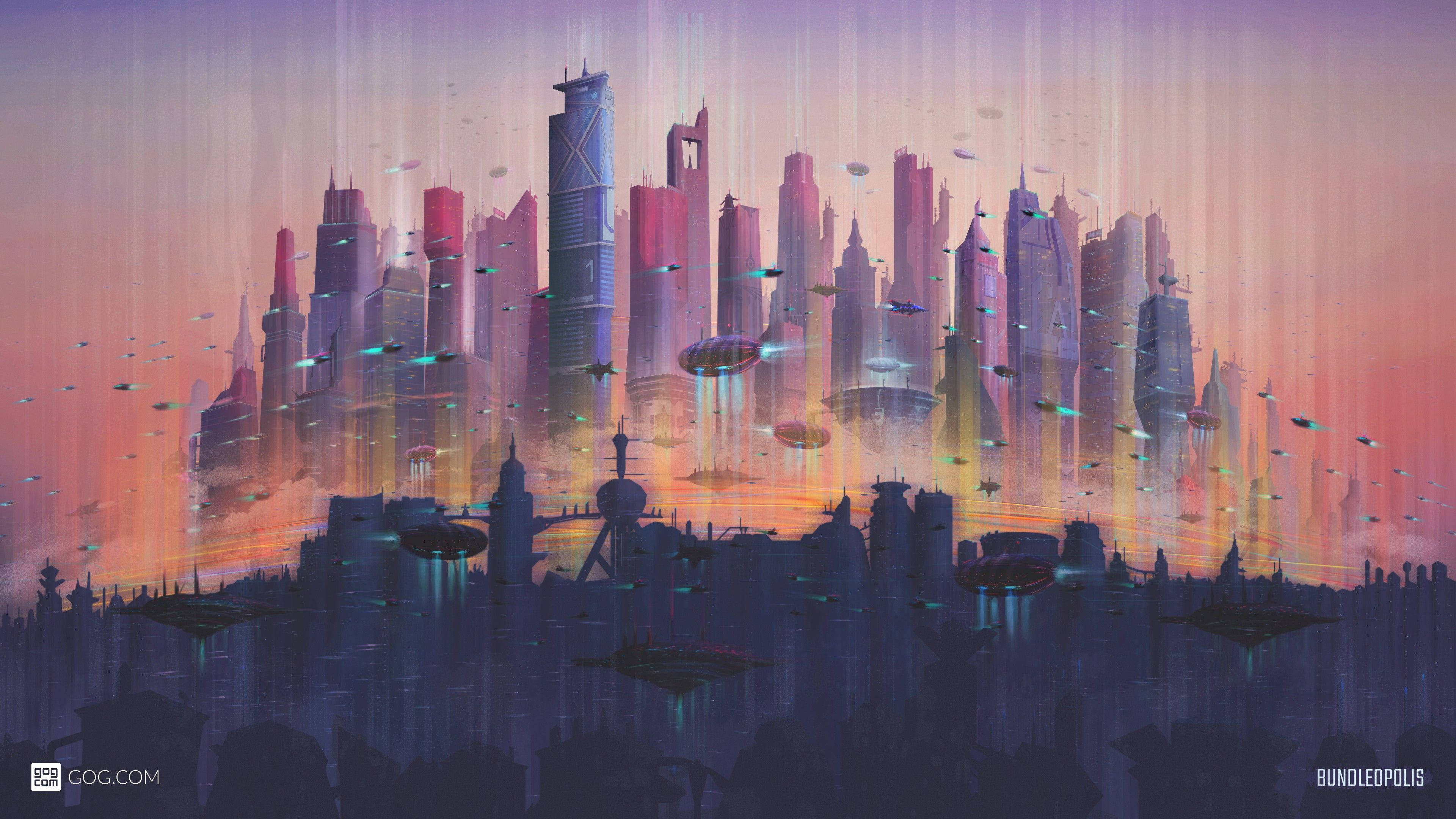 futuristic cityscape, sunset, glowing skyscrapers, 4K Desktop Wallpaper