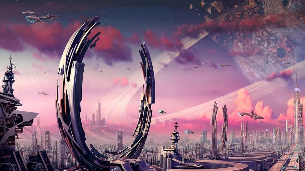 Future City, sunset, flying vehicles, SD Desktop Wallpaper