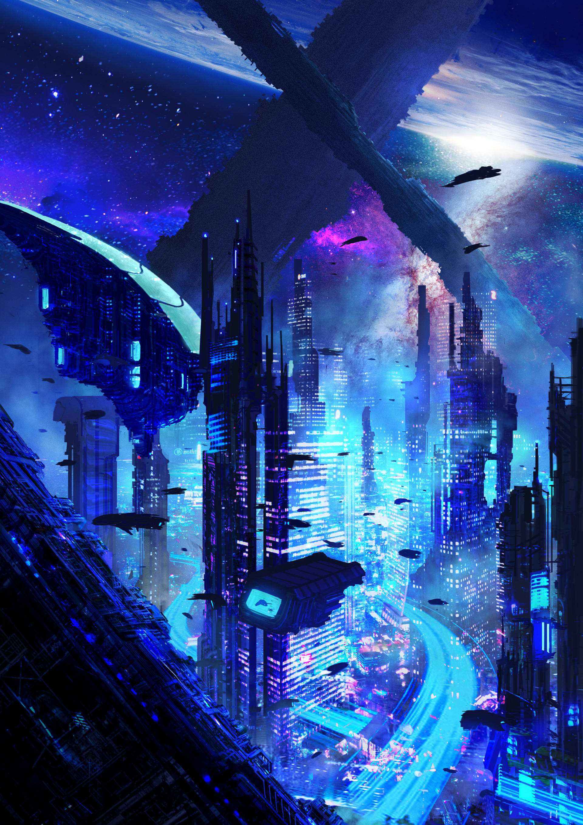 neon blues, purples, starry cosmic sky, 2K Phone Wallpaper