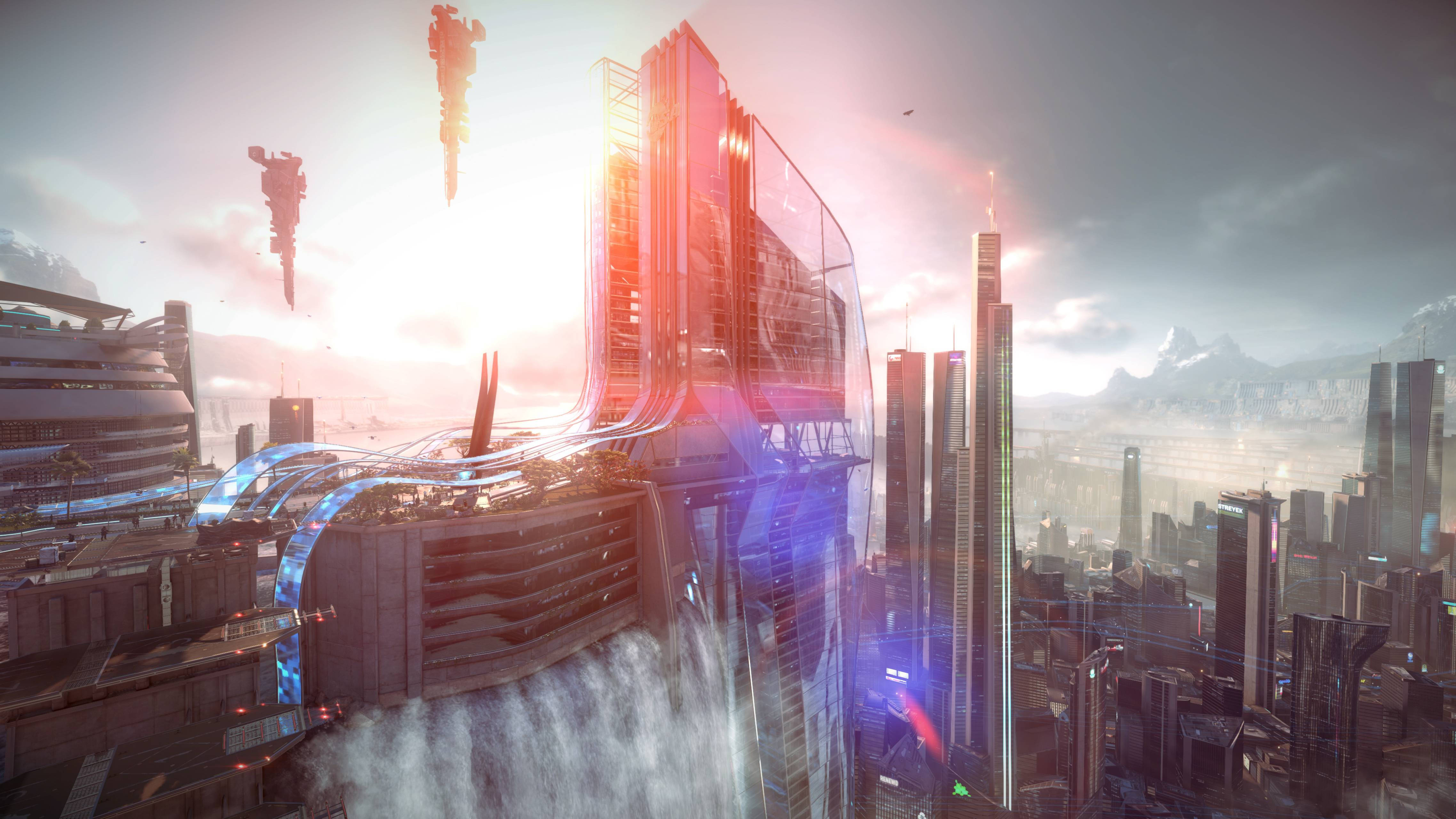 Futuristic cityscape, sunset, towering glass skyscrapers, 4K Desktop Wallpaper