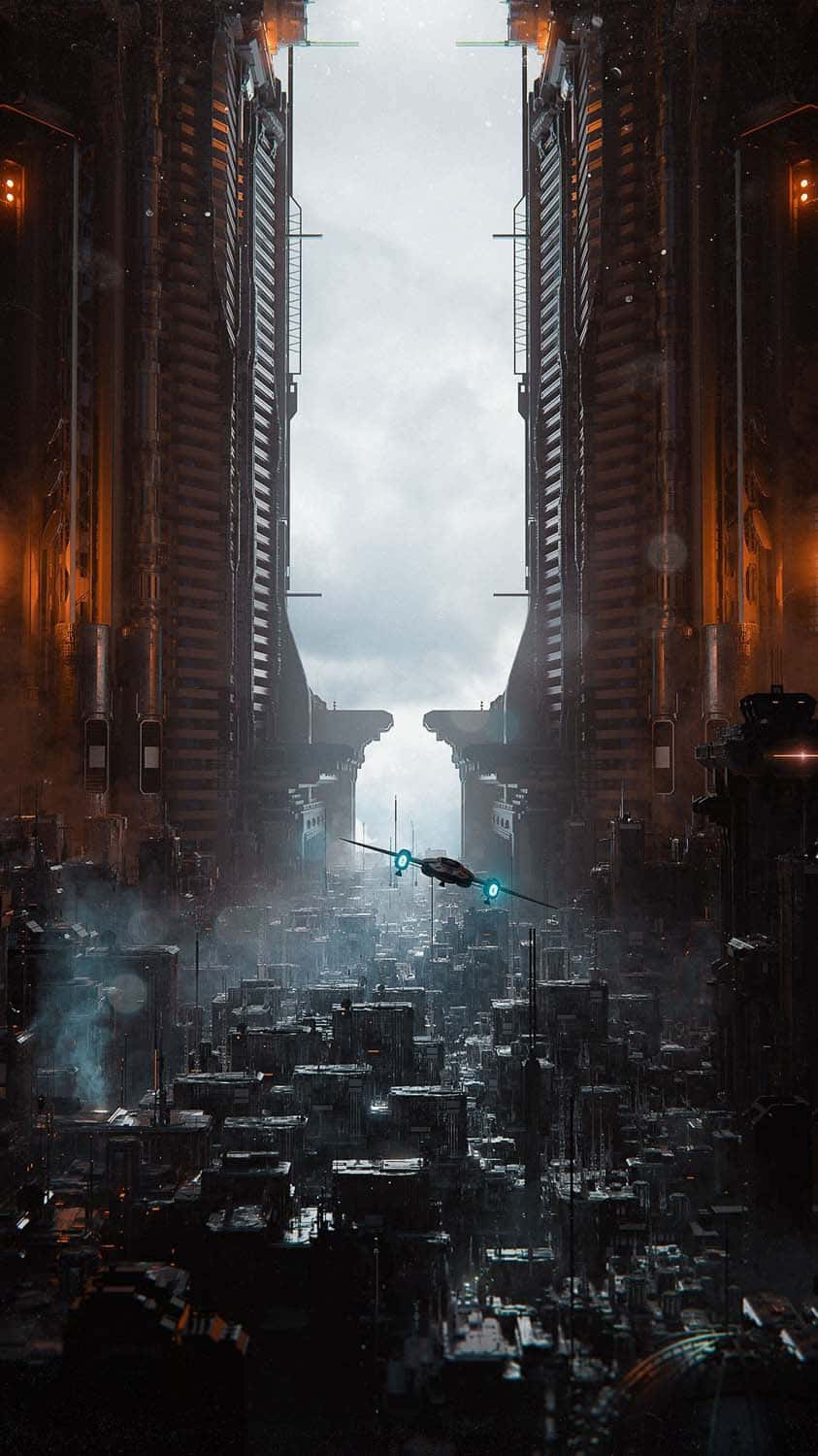 futuristic cityscape, towering skyscrapers, glowing spaceship, HD Phone Wallpaper