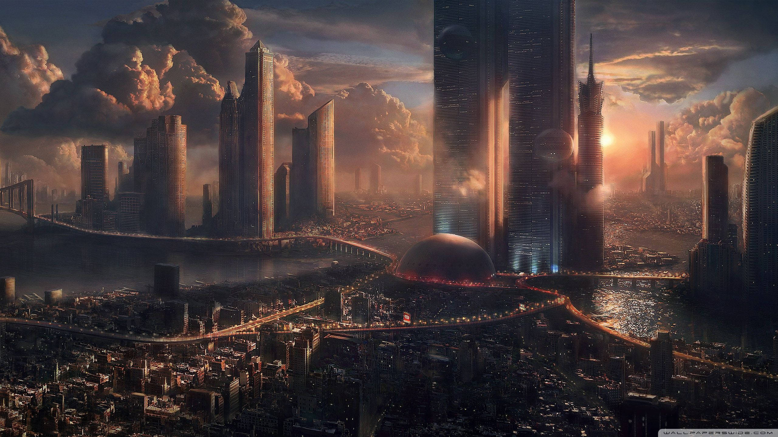 futuristic cityscape, sunset, towering skyscrapers, 2K Desktop Wallpaper