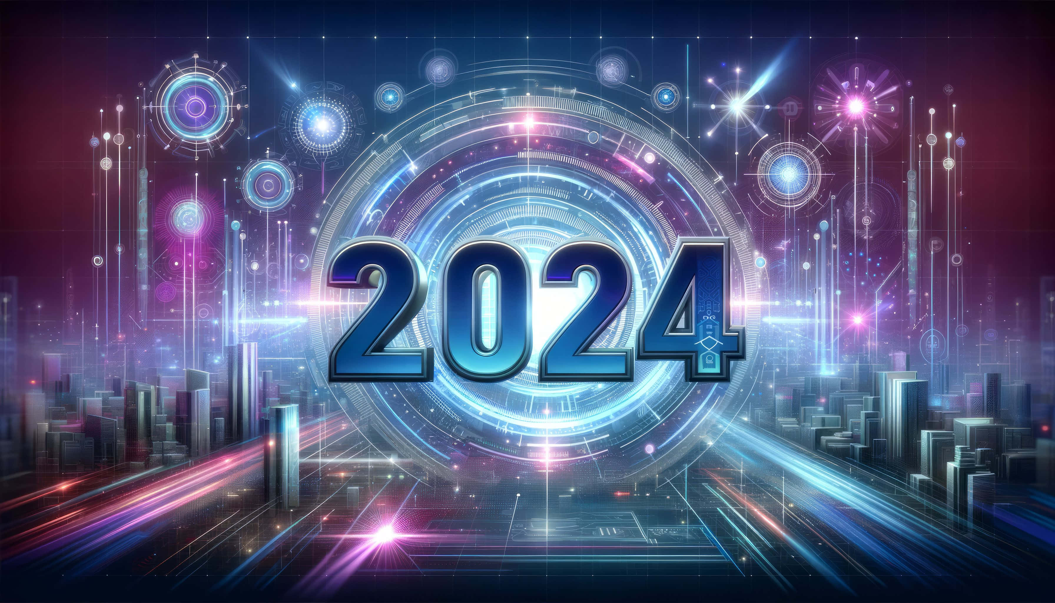 futuristic2024, cityscape, glowing blue 2024 text, 2K Desktop Wallpaper