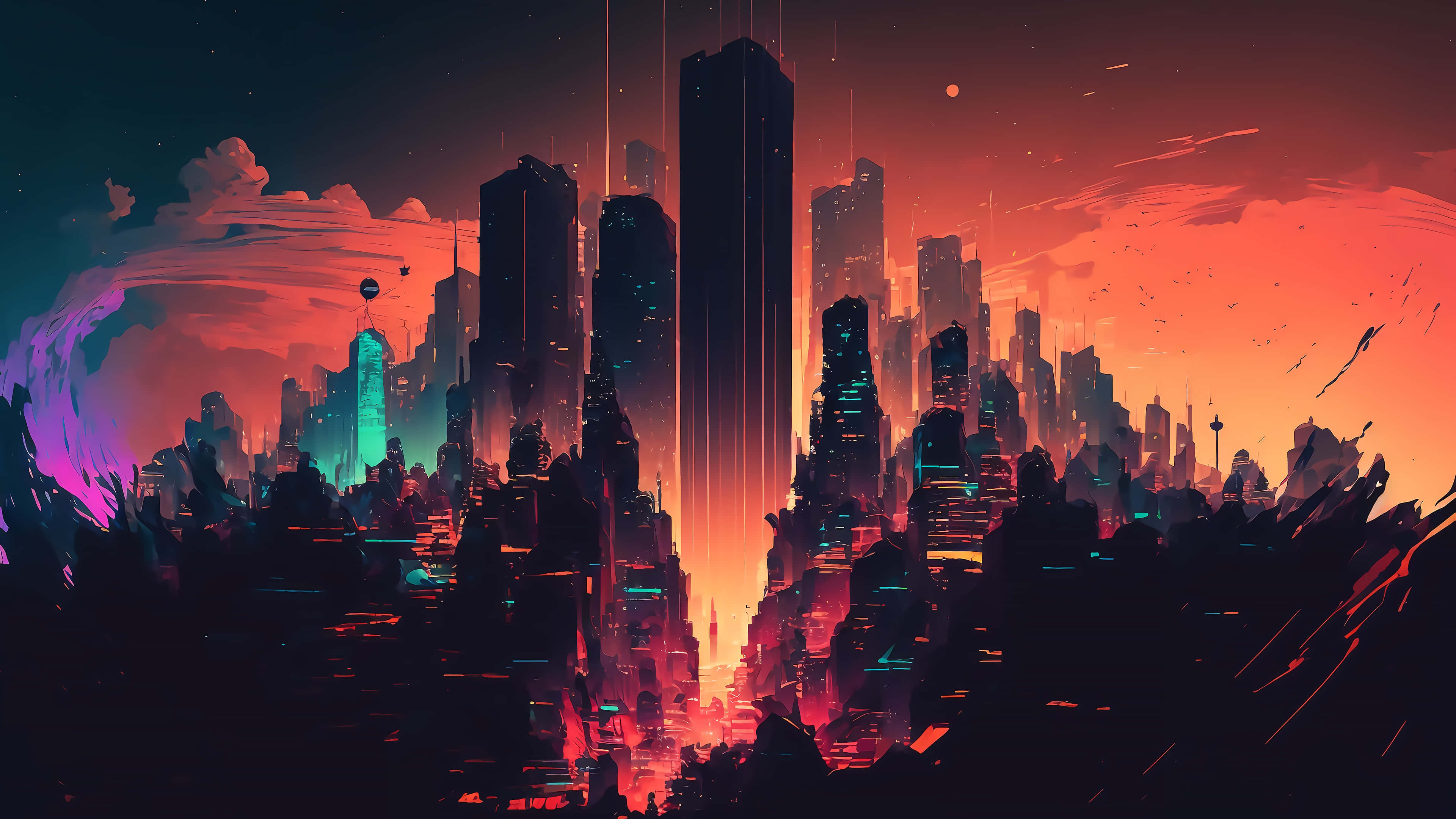 neon-drenched cyberpunk cityscape, dusk, towering skyscrapers, 4K Desktop Wallpaper