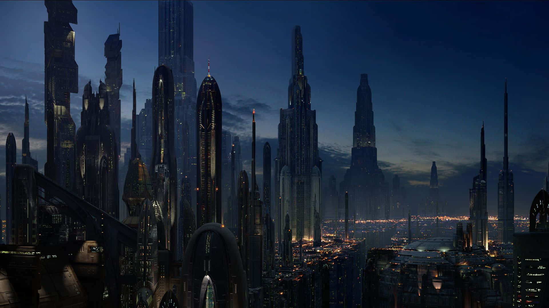 future city, dusk, towering skyscrapers, Full HD Desktop Wallpaper