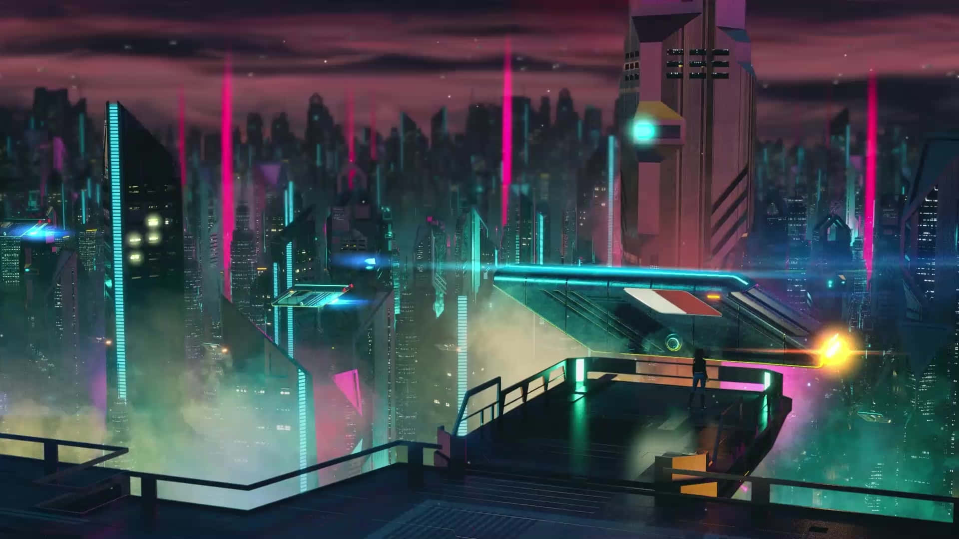 neon-drenched cyberpunk cityscape, glowing rooftop, lone figure, Full HD Desktop Wallpaper