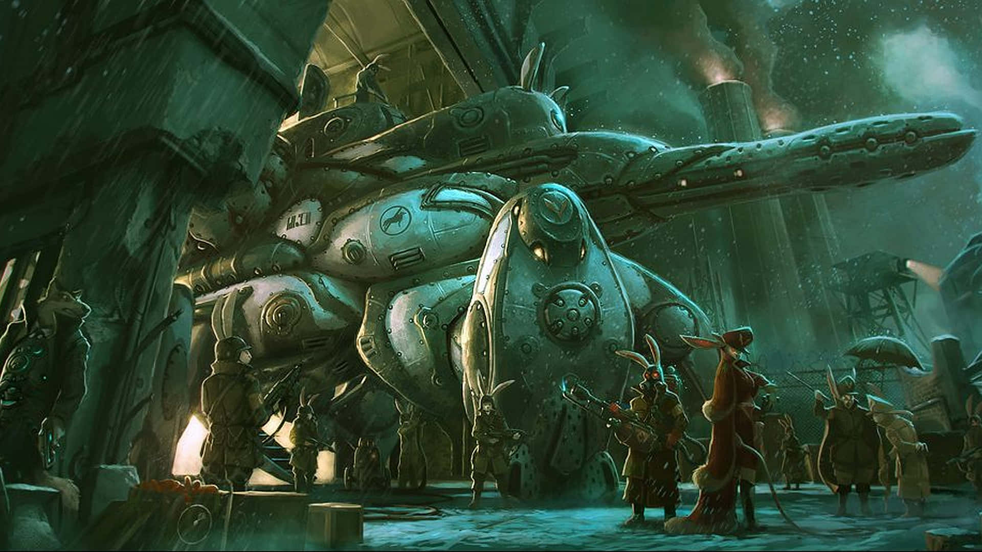 steampunk airship, rainy industrial hangar, rabbit-like figures in coats, Full HD Desktop Wallpaper