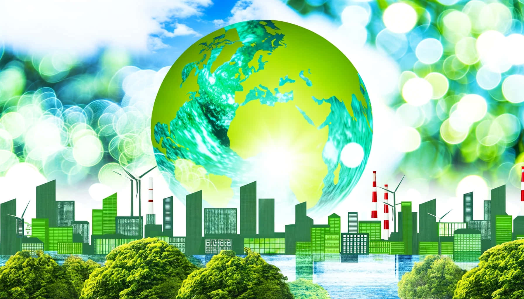 glowing green Earth, futuristic cityscape, wind turbines, HD Desktop Wallpaper