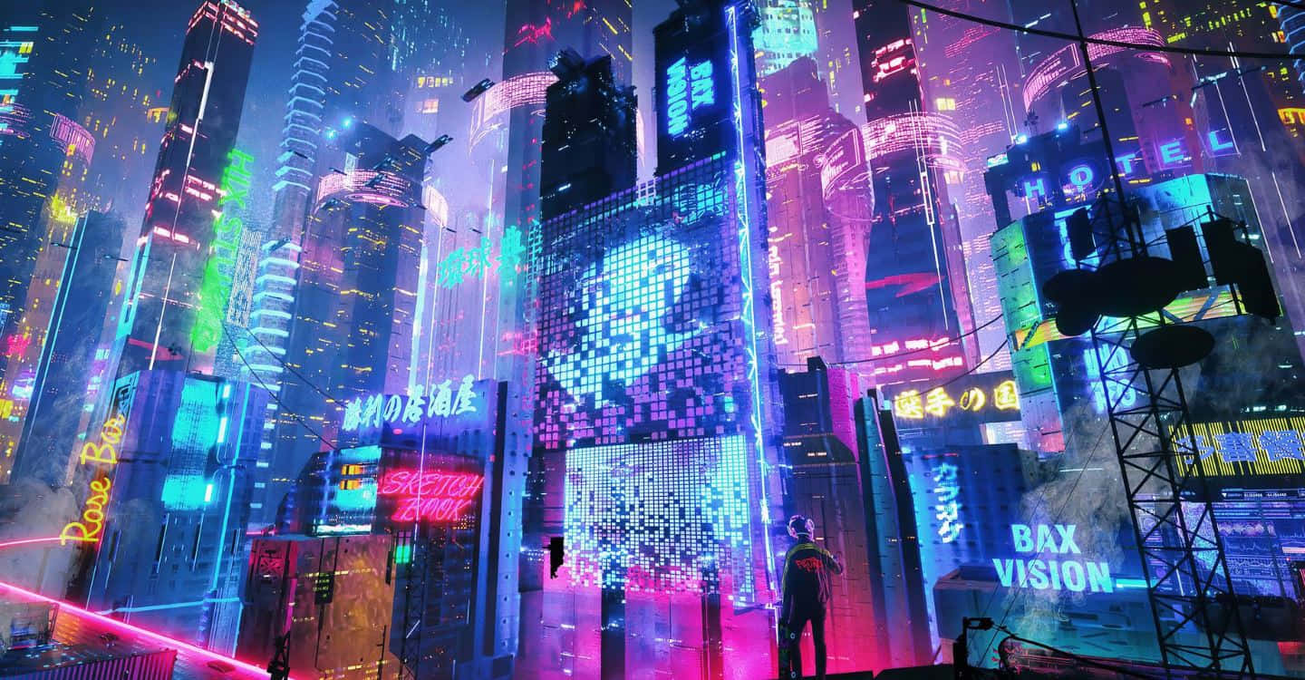 neon-lit skyscrapers, futuristic cyberpunk cityscape, electric purple pink and blue lights, HD Desktop Wallpaper