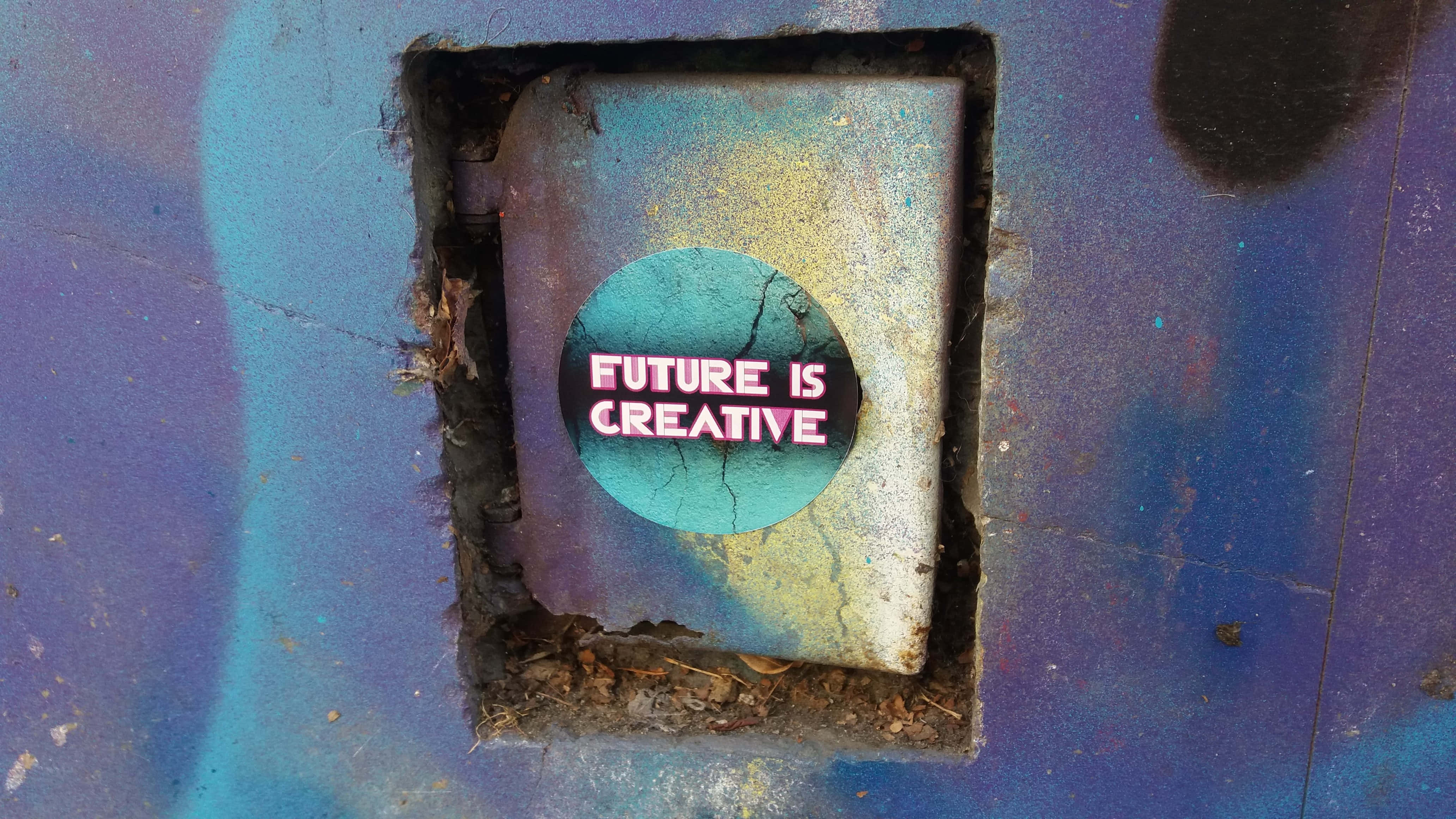 FUTURE IS CREATIVE, teal sticker, cracked sticker, 4K Desktop Wallpaper