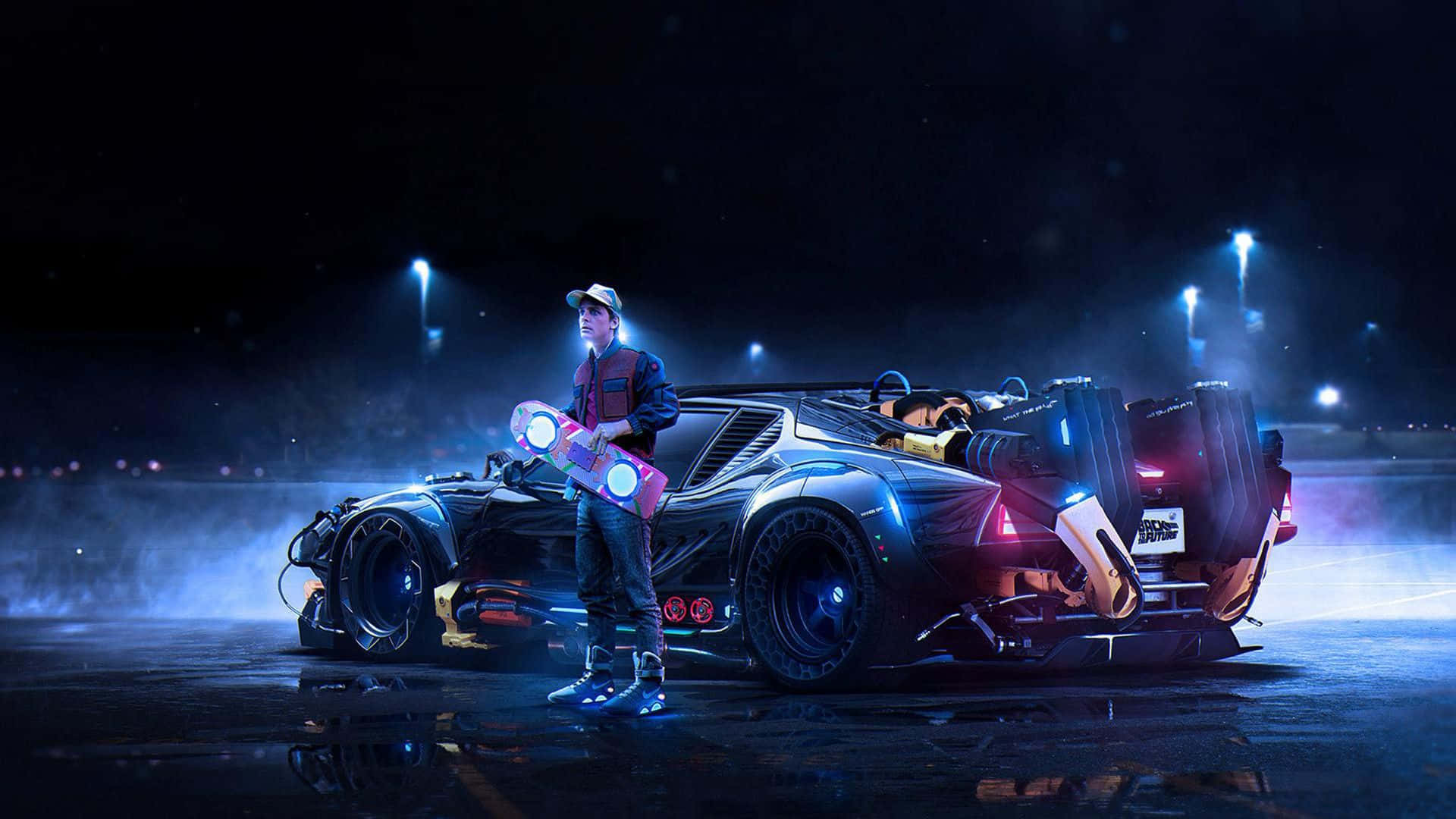Future Desktop, glowing black race car, neon lights, Full HD Desktop Wallpaper