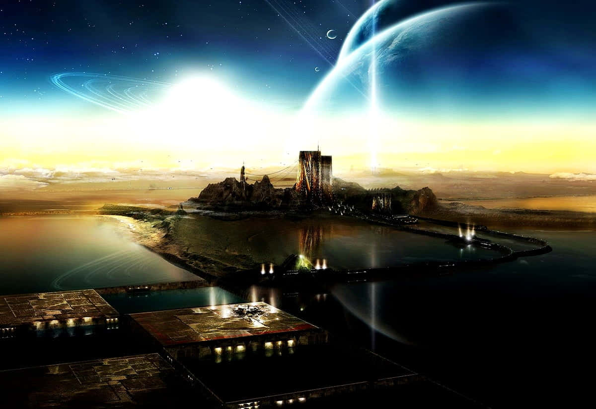 Future Desktop, futuristic cityscape, floating island, SD Desktop Wallpaper