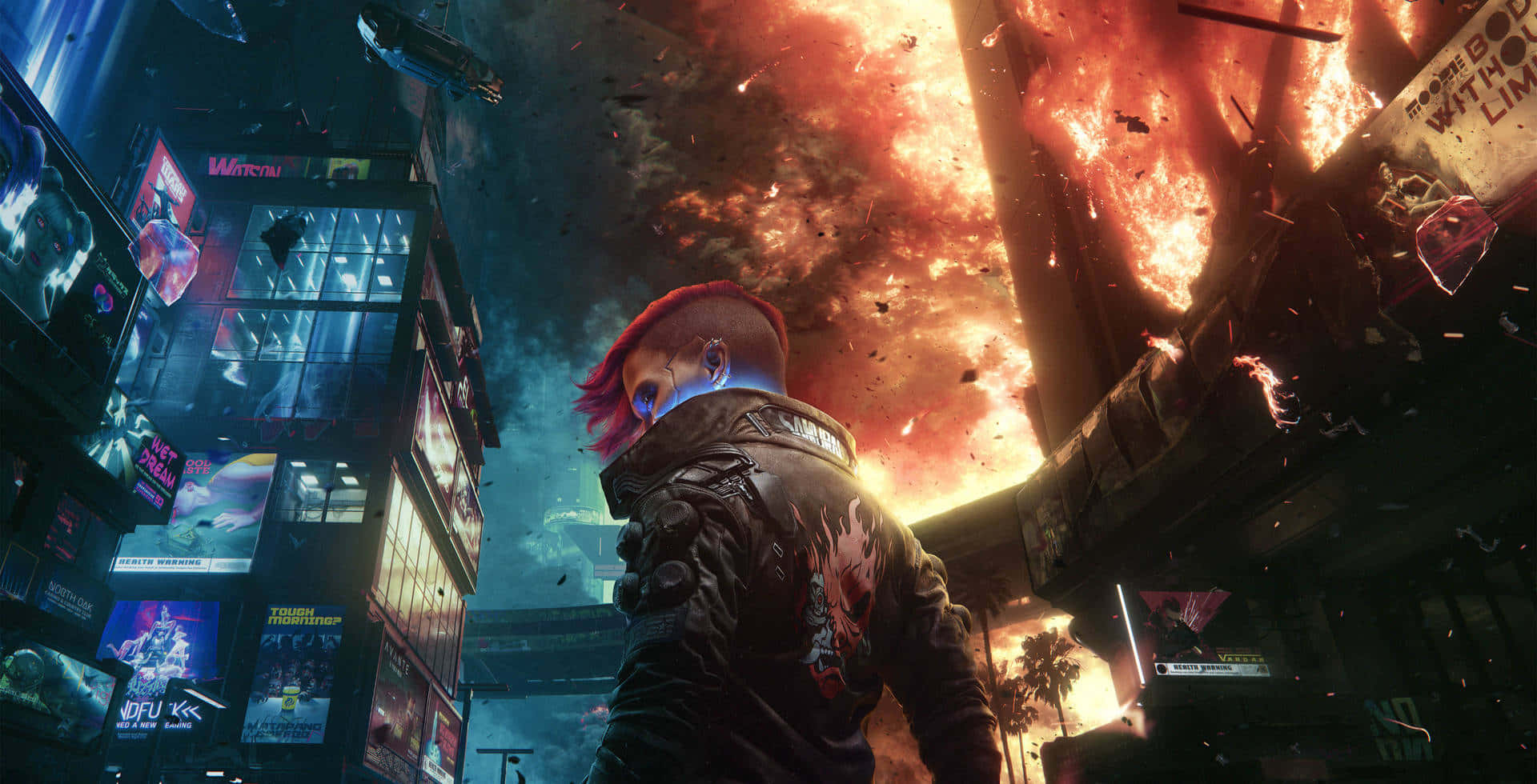 cyberpunk figure, red hair, neon-lit city, Full HD Desktop Wallpaper