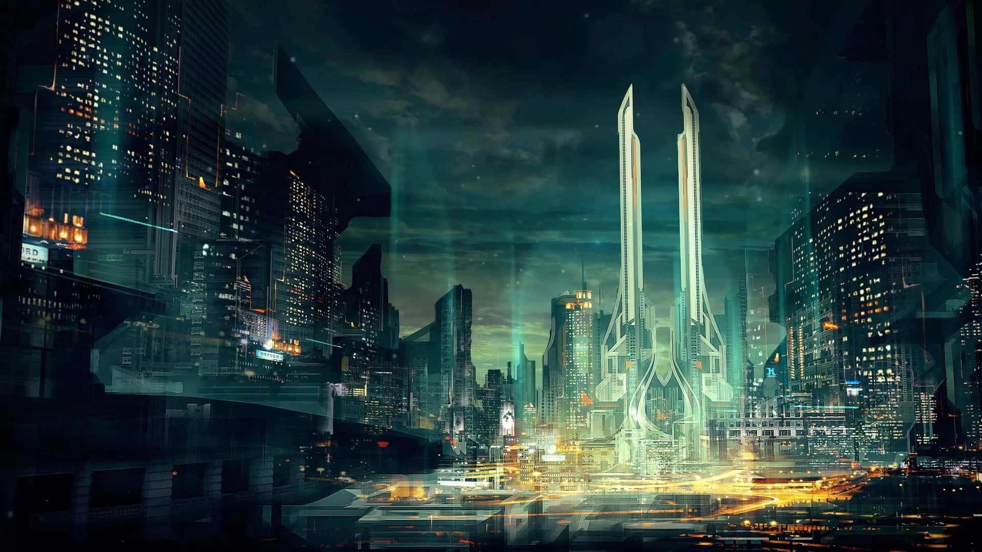 Future Desktop, neon towers, flying vehicles, Full HD Desktop Wallpaper