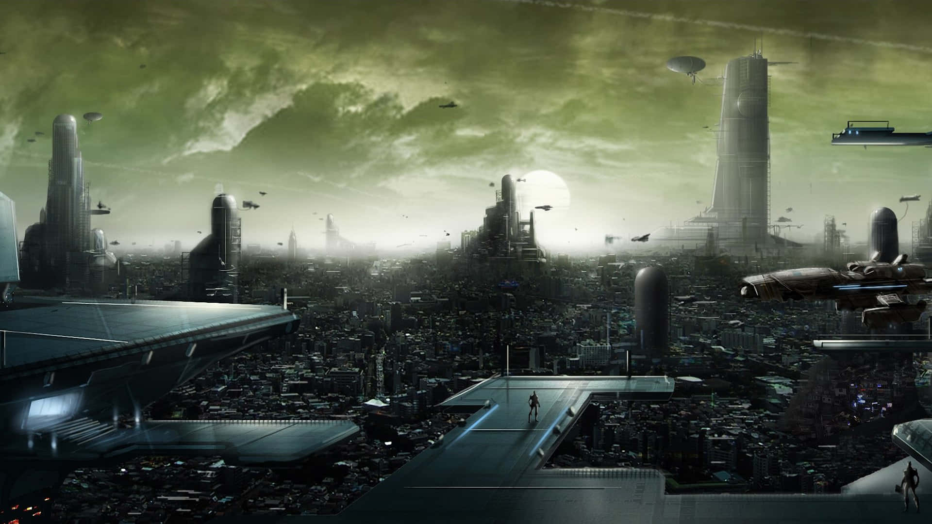futuristic city, greenish sky, flying vehicles, Full HD Desktop Wallpaper