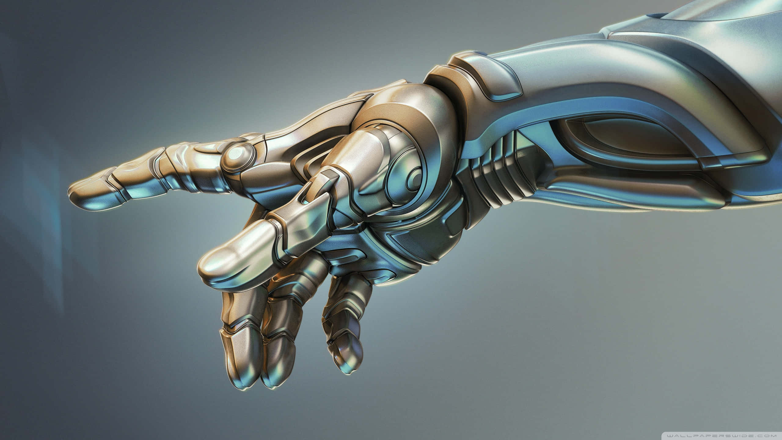 Future Desktop, metallic robotic hand, slightly curled fingers, 2K Desktop Wallpaper