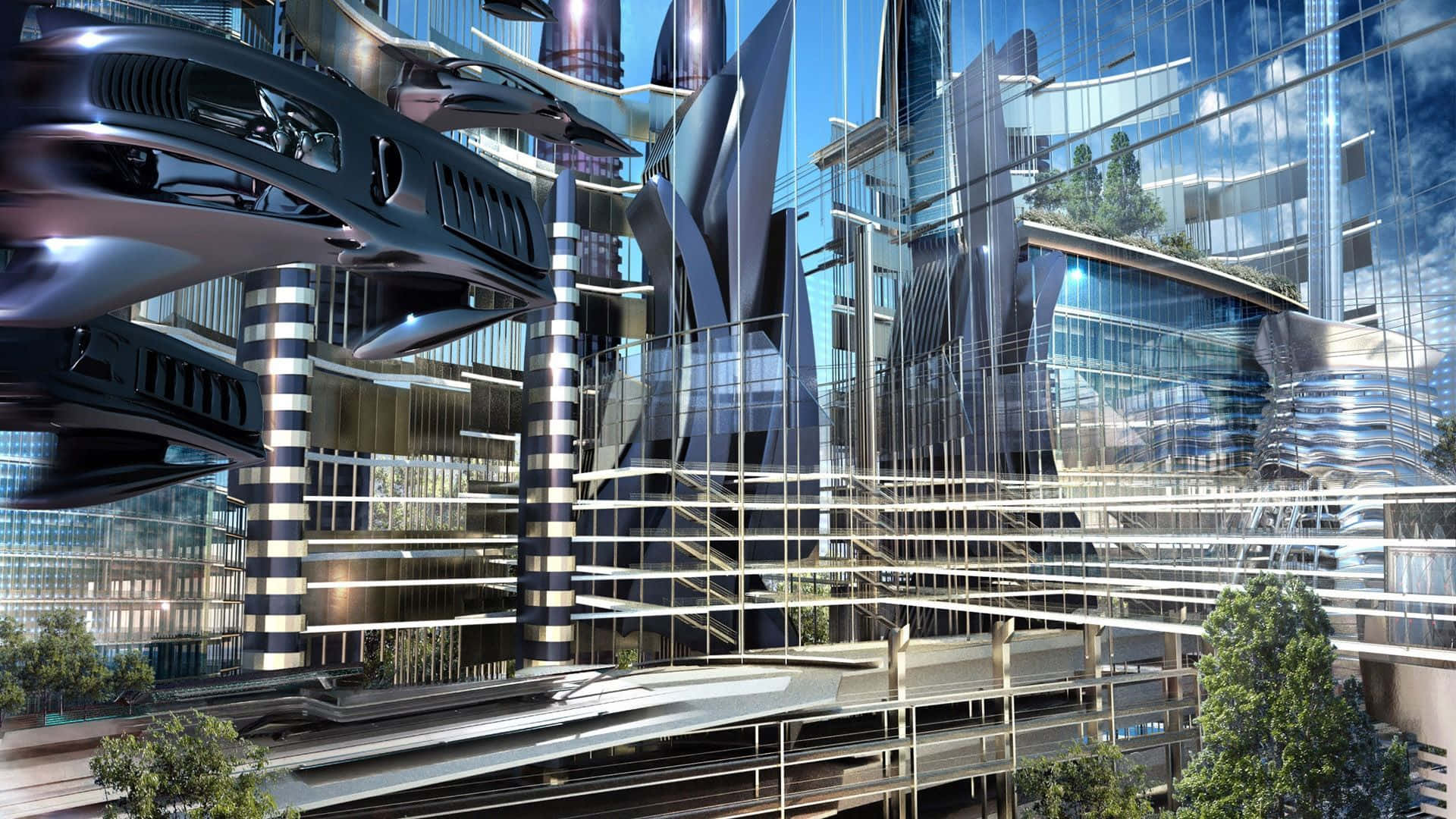 Future Desktop, flying cars, glass skyscrapers, Full HD Desktop Wallpaper