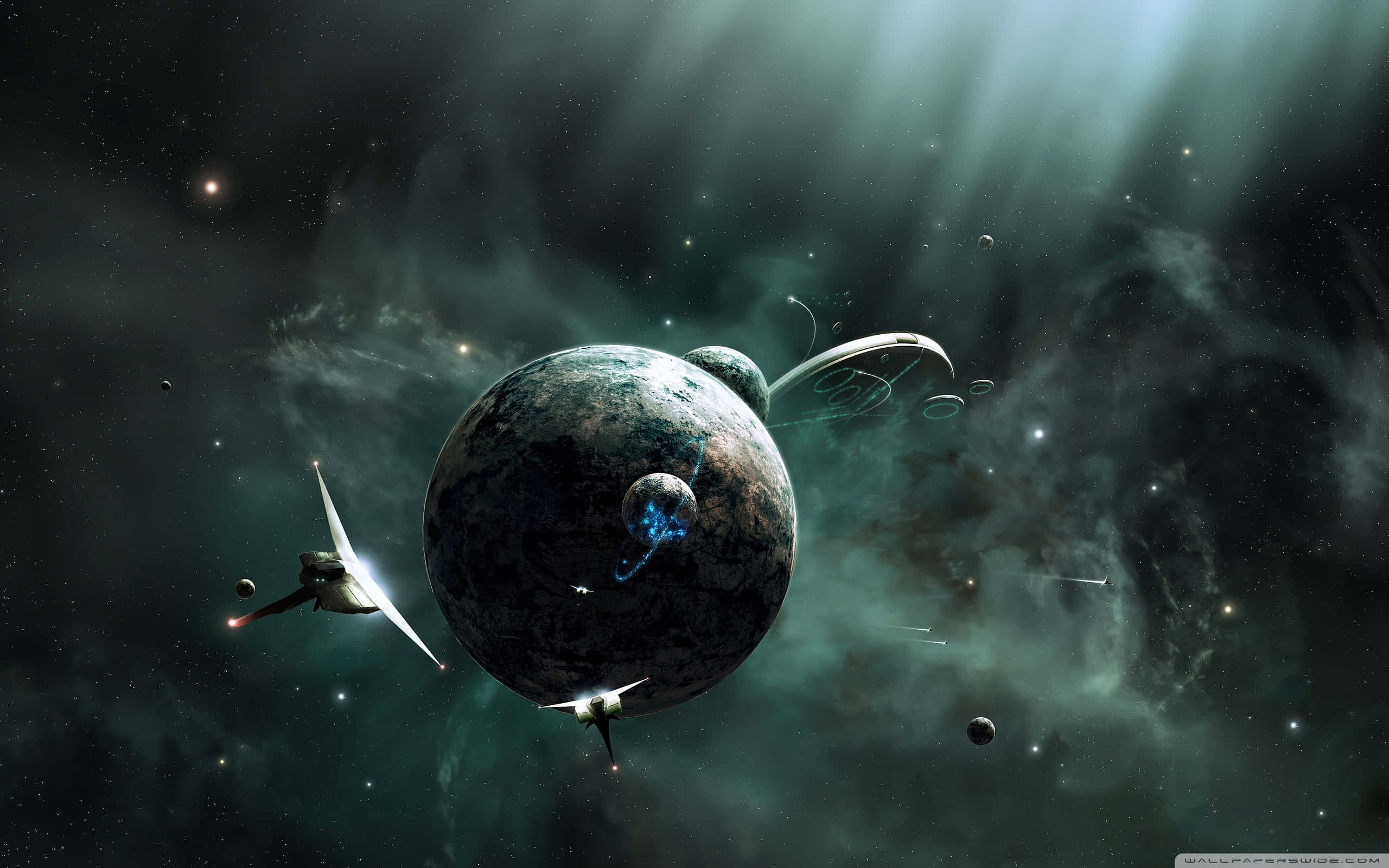 Future Desktop Interface, spaceship, massive planet, 2K Desktop Wallpaper