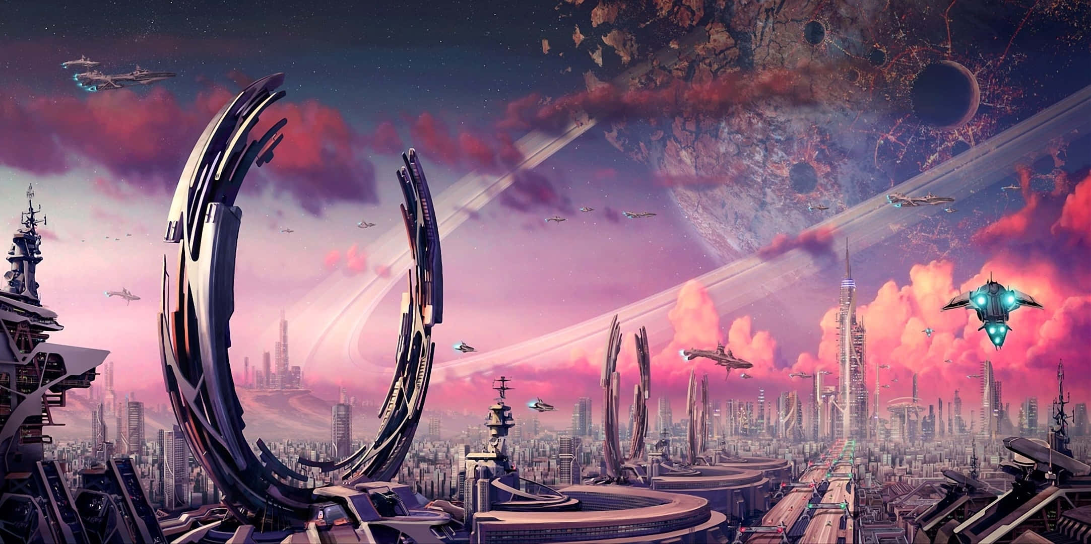 Future Desktop, pink and purple sky, flying ships, Full HD Desktop Wallpaper