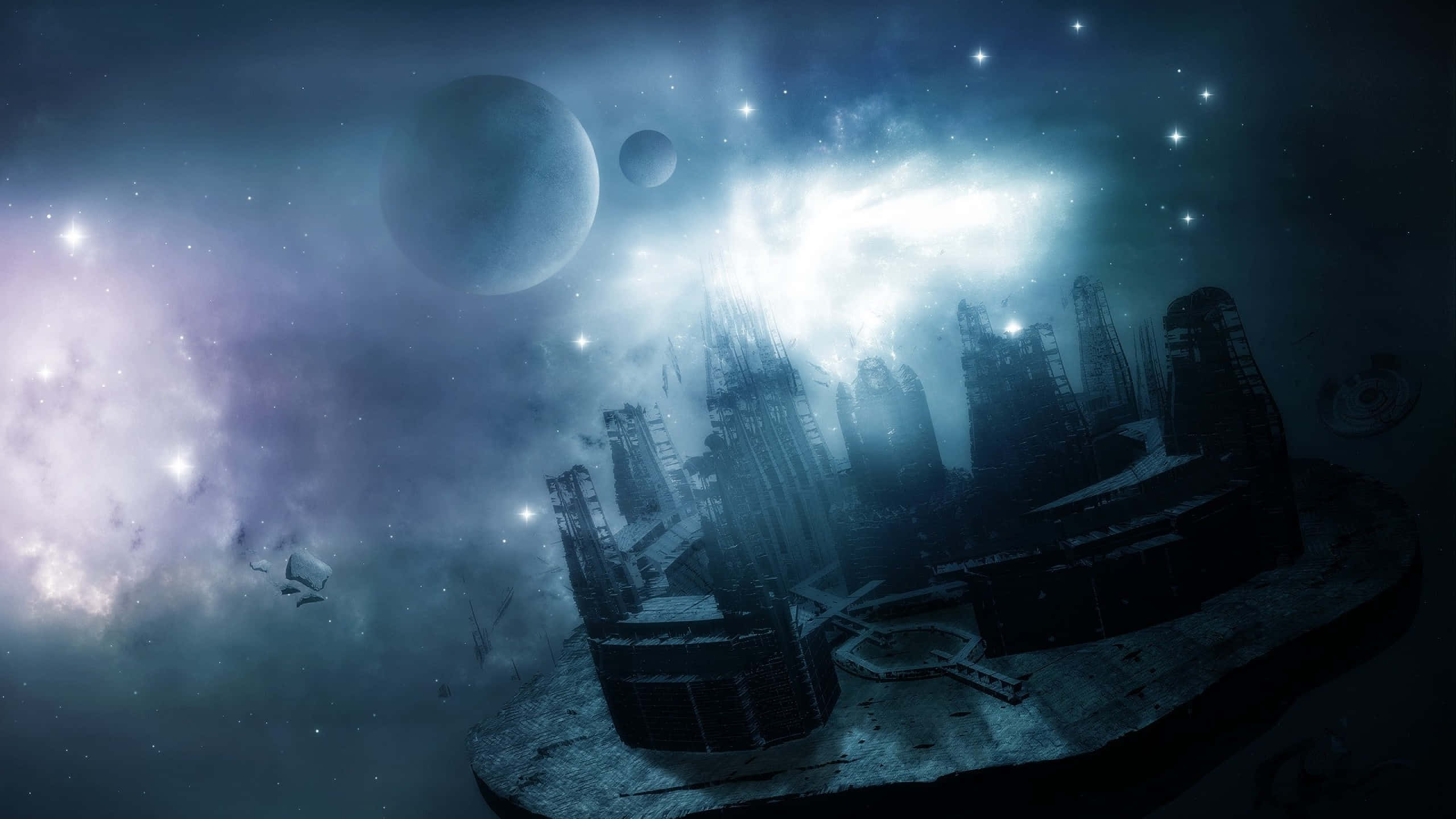 futuristic space station, glowing nebulae, distant planets, 2K Desktop Wallpaper