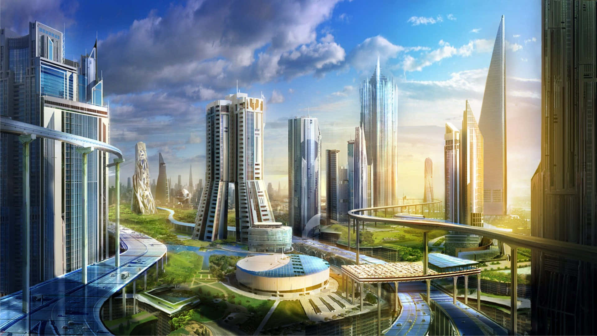Future Desktop, futuristic cityscape, towering glass skyscrapers, Full HD Desktop Wallpaper