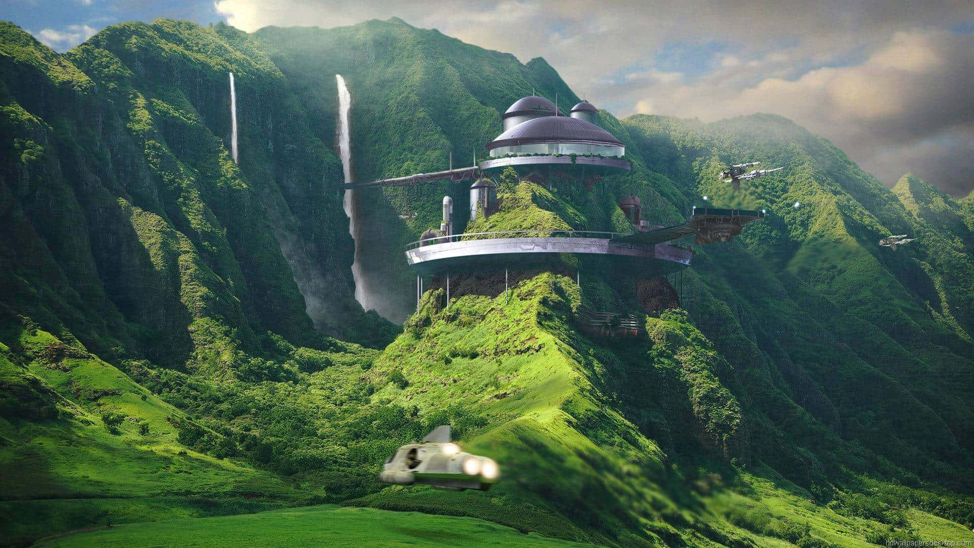 futuristic space station, lush green mountain, waterfalls, Full HD Desktop Wallpaper