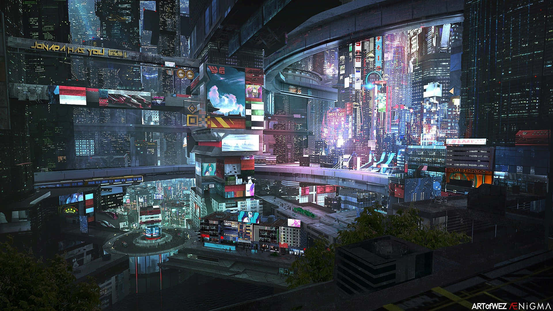 cyberpunk cityscape, neon-drenched, towering skyscrapers, Full HD Desktop Wallpaper
