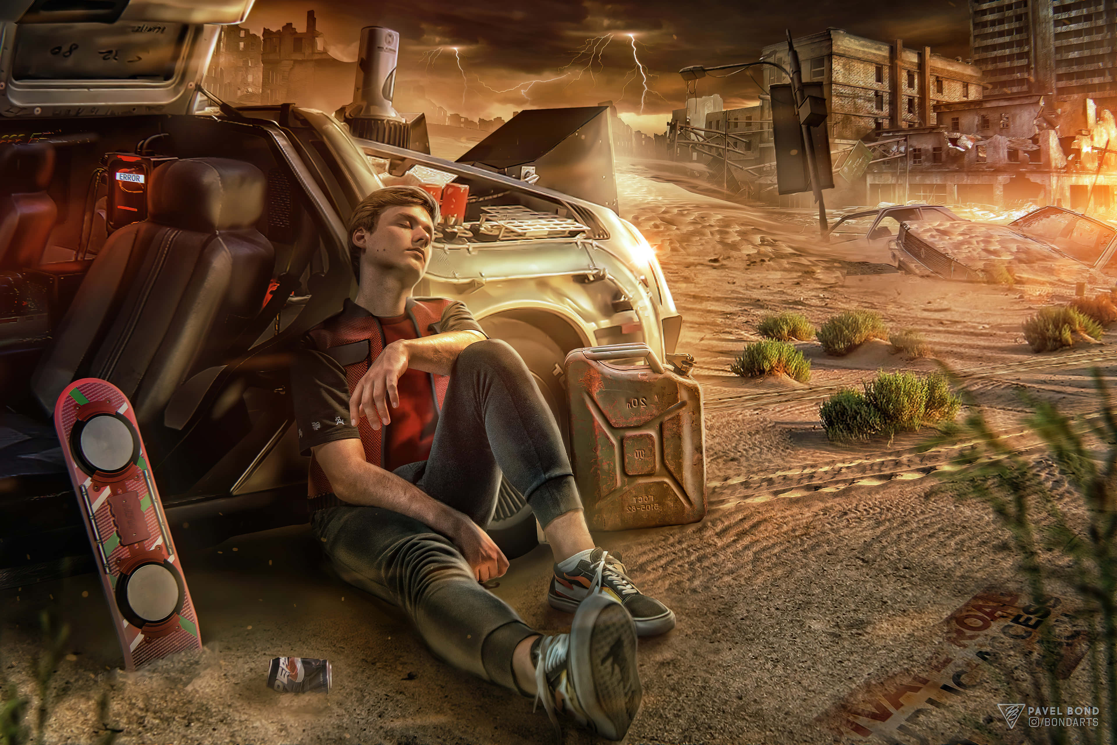 Future Desktop, post-apocalyptic desert wasteland, stormy orange sky, 4K Desktop Wallpaper