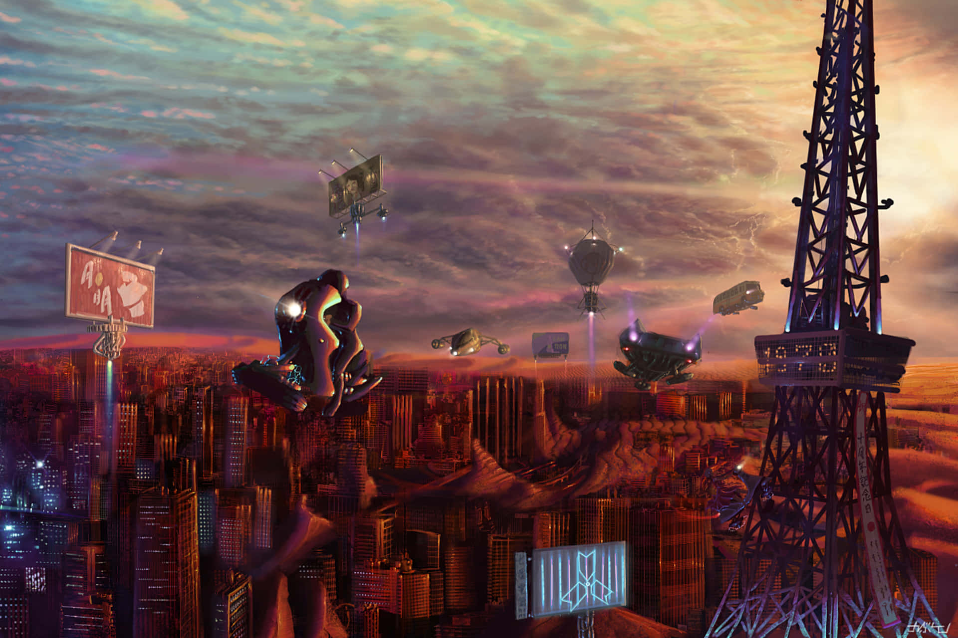 futuristic cityscape, sunset, flying vehicles, Full HD Desktop Wallpaper