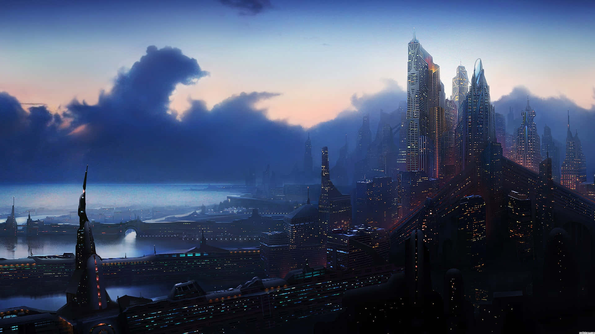 futuristic city skyline, towering skyscrapers, moody purple and orange sky, Full HD Desktop Wallpaper