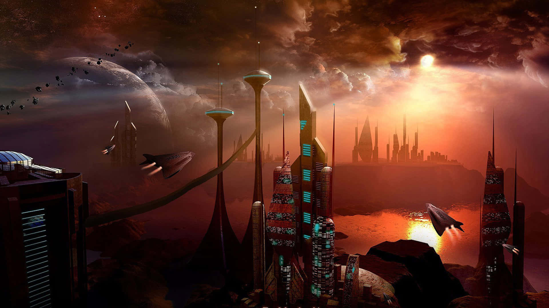 Future Desktop, sunset, flying ships, Full HD Desktop Wallpaper