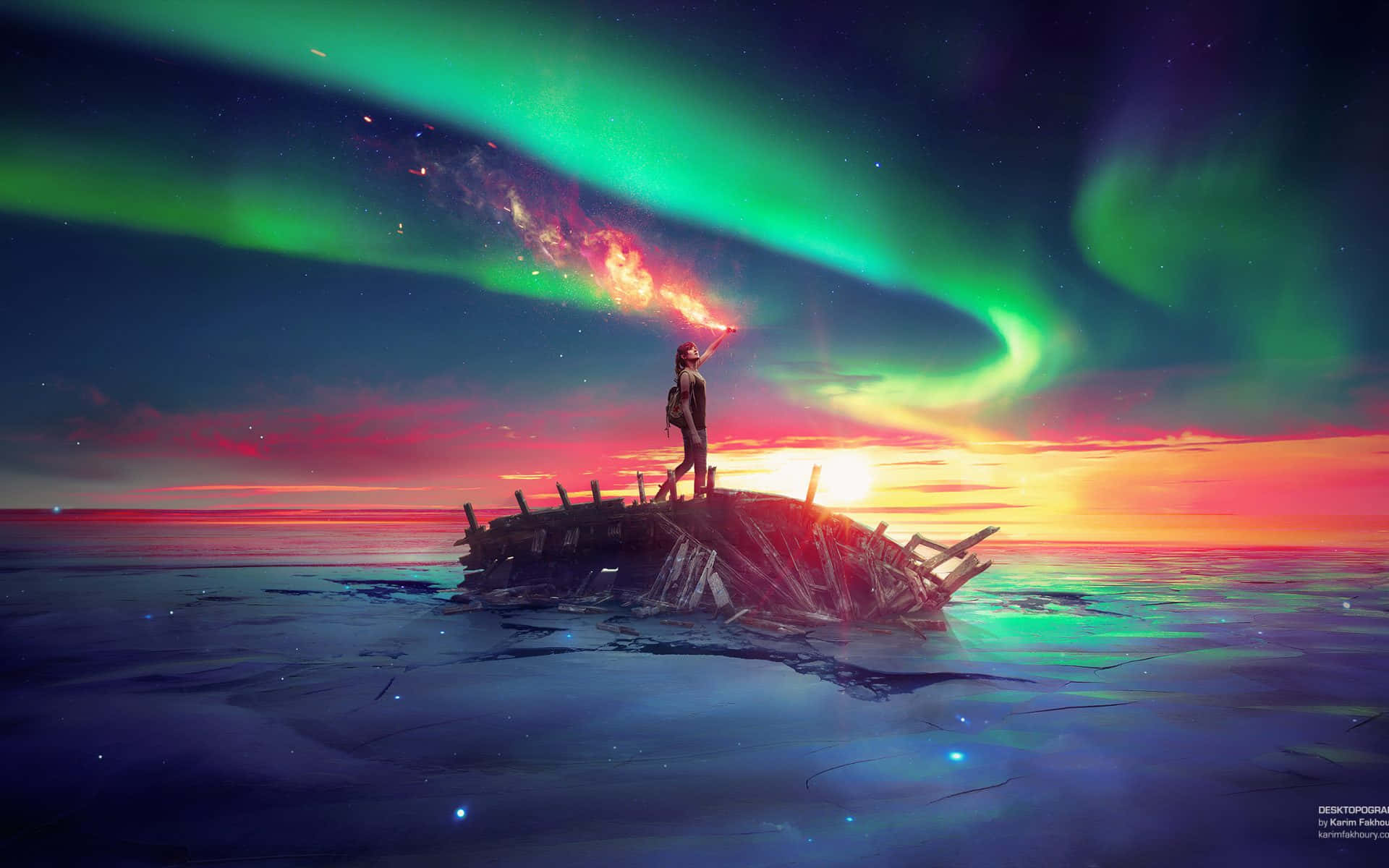aurora borealis, electric greens, fiery reds, Full HD Desktop Wallpaper