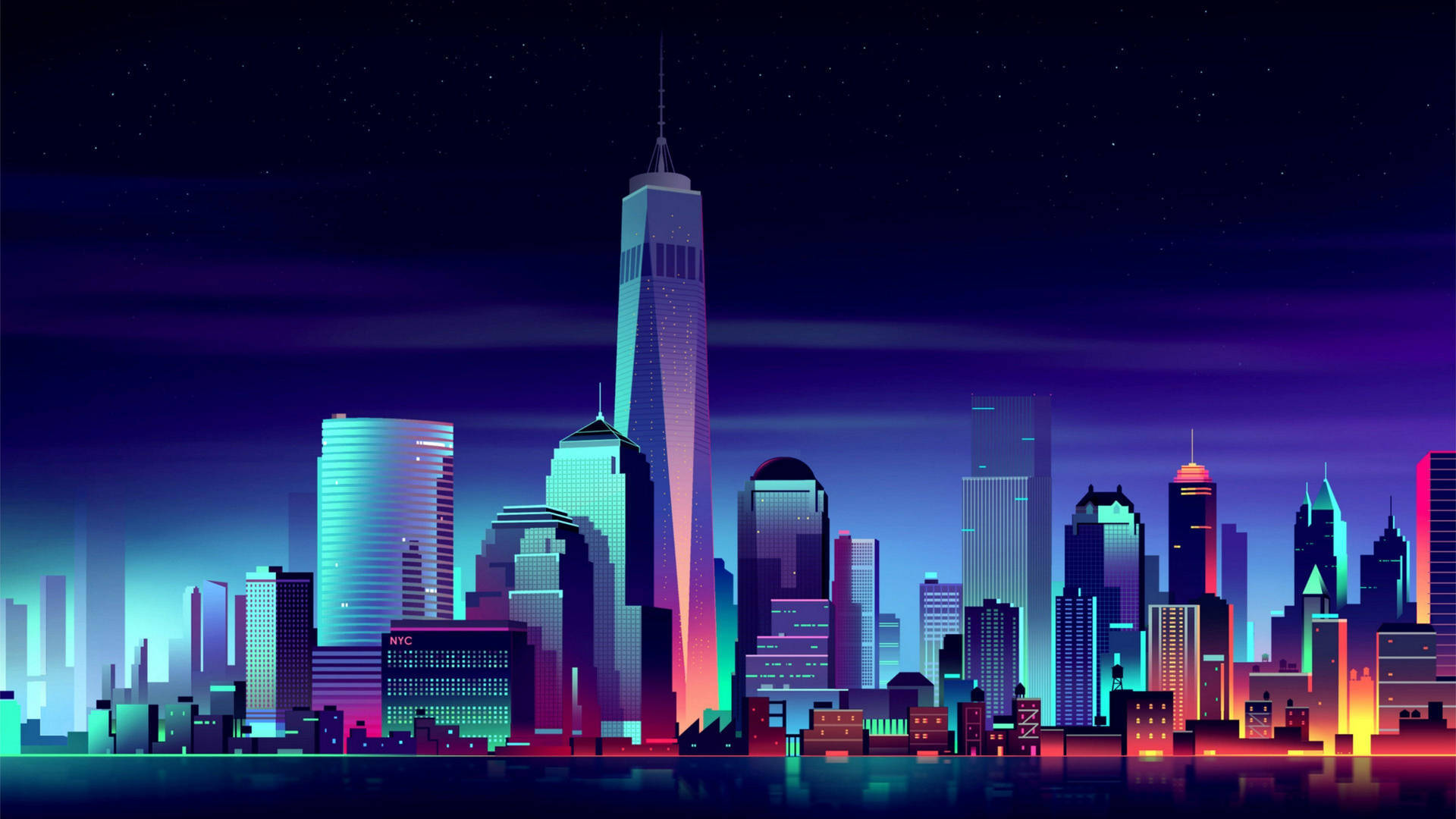 futuristic cityscape, neon-lit skyscrapers, starry night sky, Full HD Desktop Wallpaper