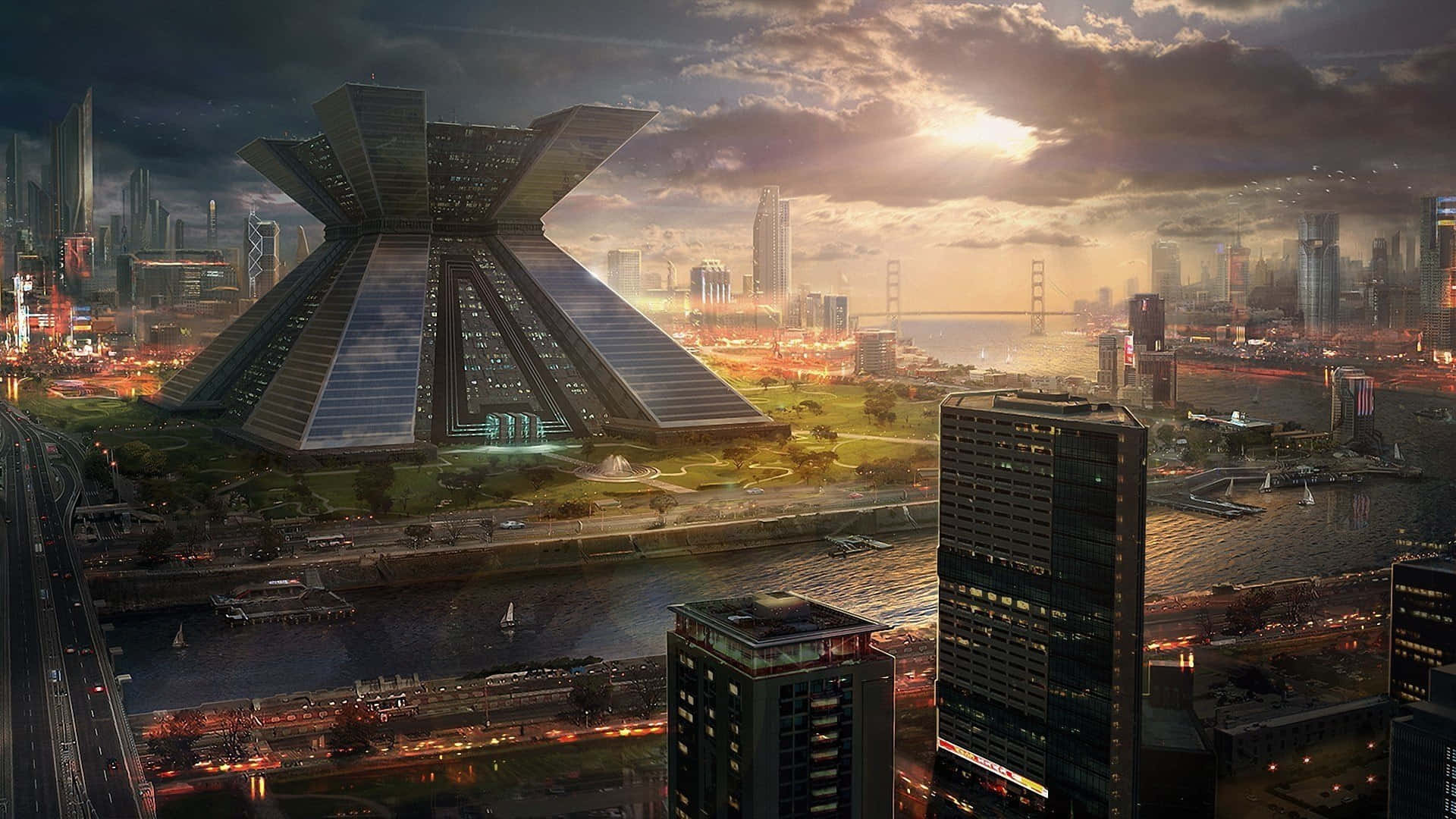 Future City Skyscraper, X-shaped skyscraper, sunset, Full HD Desktop Wallpaper