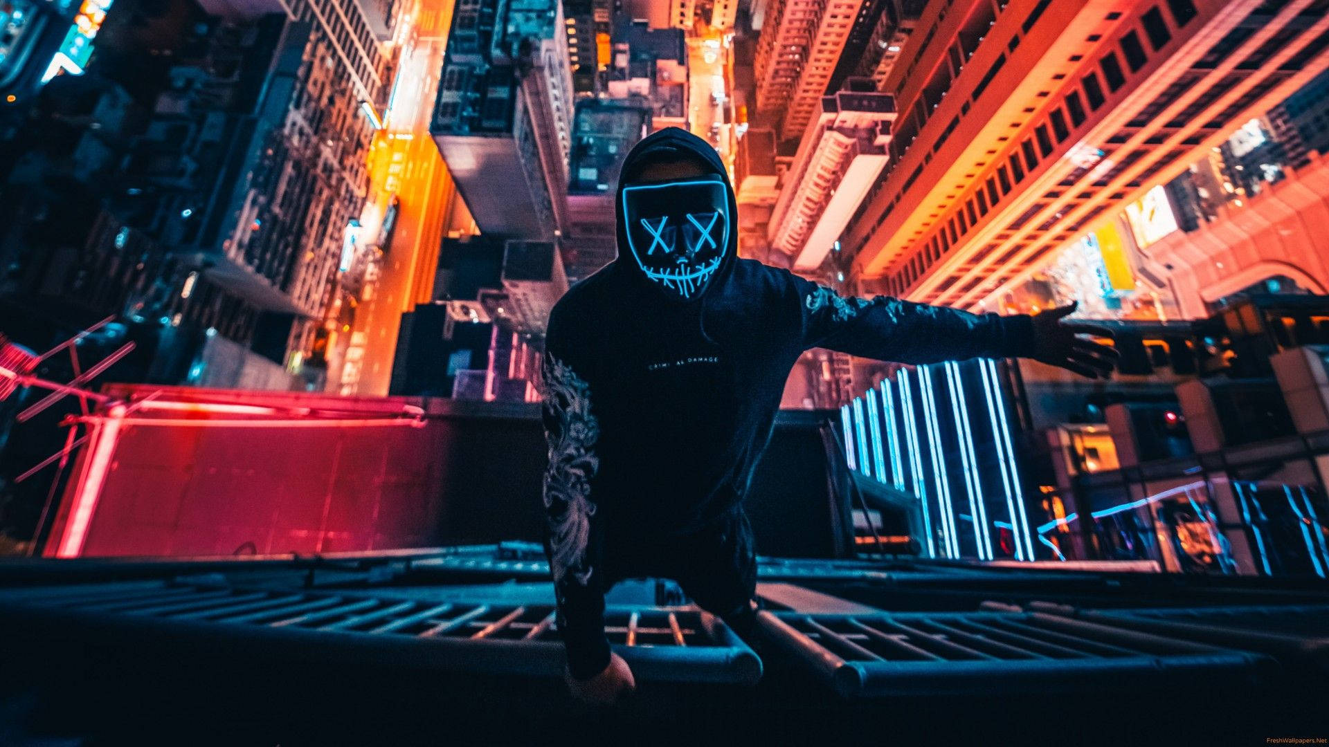 glowing mask, rooftop, vibrant neon-lit cityscape, Full HD Desktop Wallpaper
