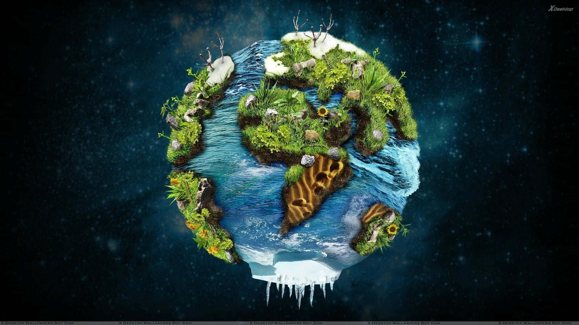 Future Desktop, surreal floating globe, lush greenery rivers, Full HD Desktop Wallpaper
