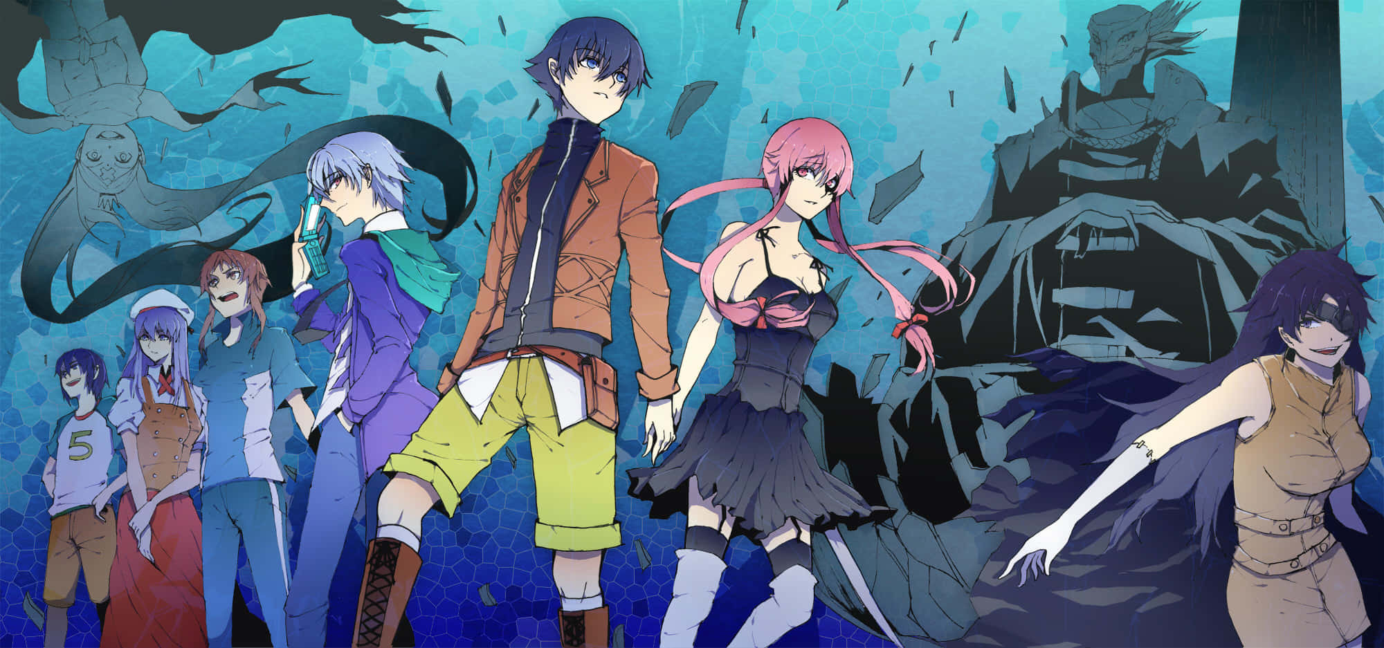Future Diary, anime characters, shattered blue background, Full HD Desktop Wallpaper