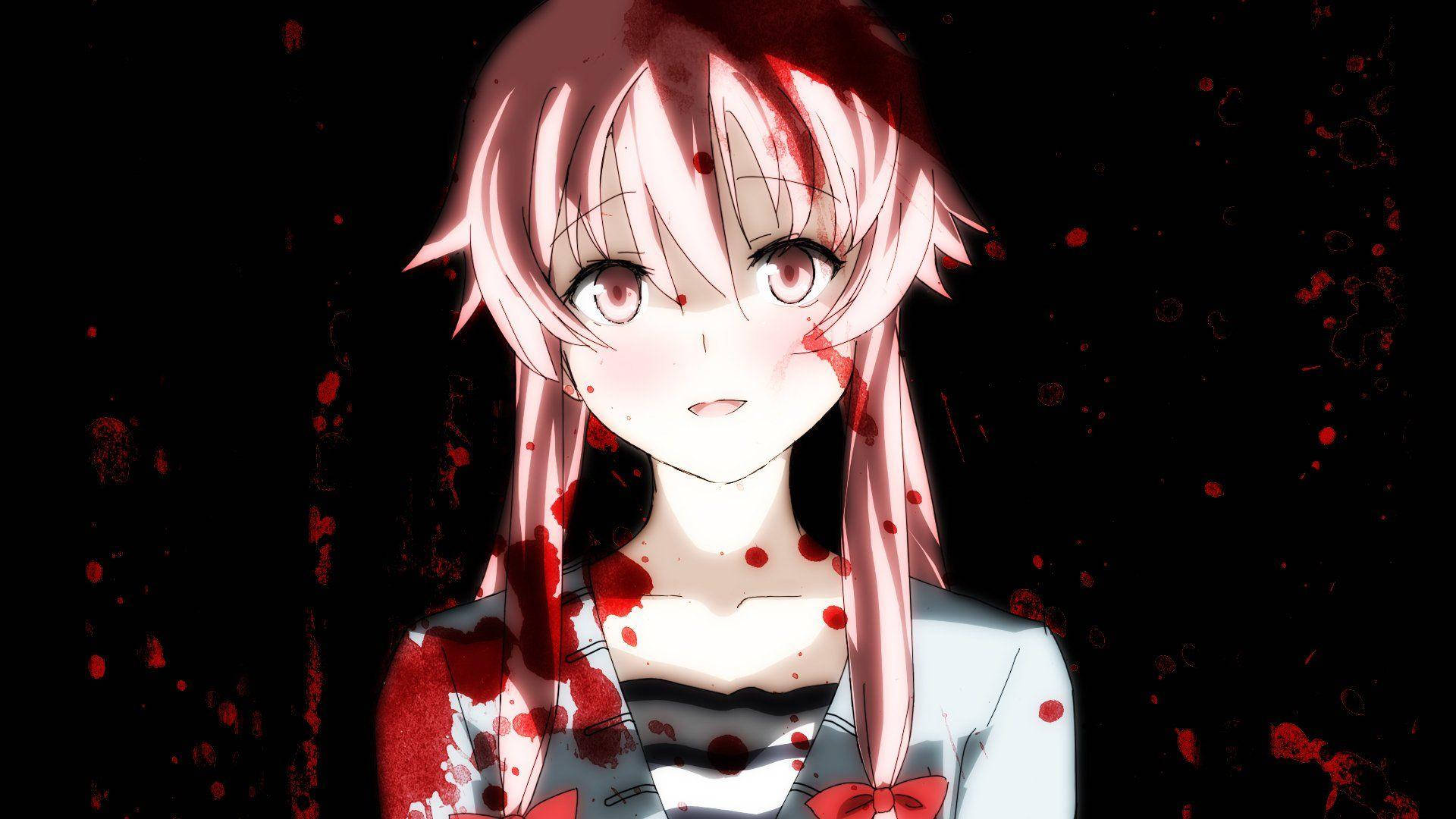 Future Diary, pink-haired anime girl, blood splatters, Full HD Desktop Wallpaper