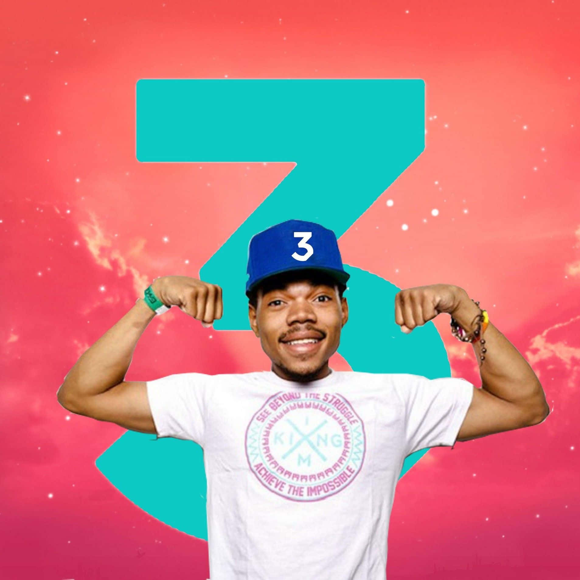 aesthetic rapper, vibrant pink and teal cosmic background, giant number three, HD Desktop Wallpaper