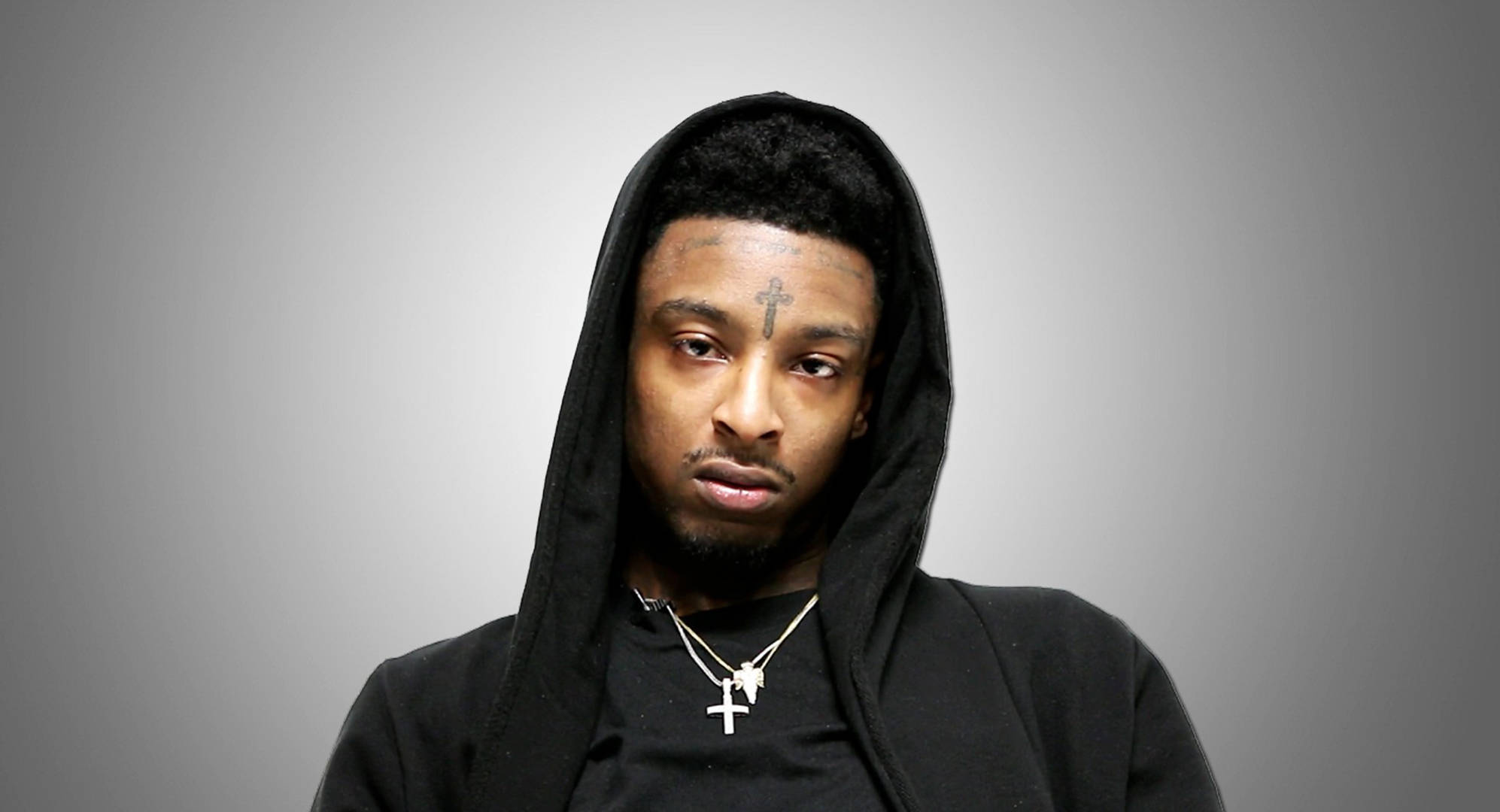 21 Savage, black hoodie, cross tattoo, Full HD Desktop Wallpaper