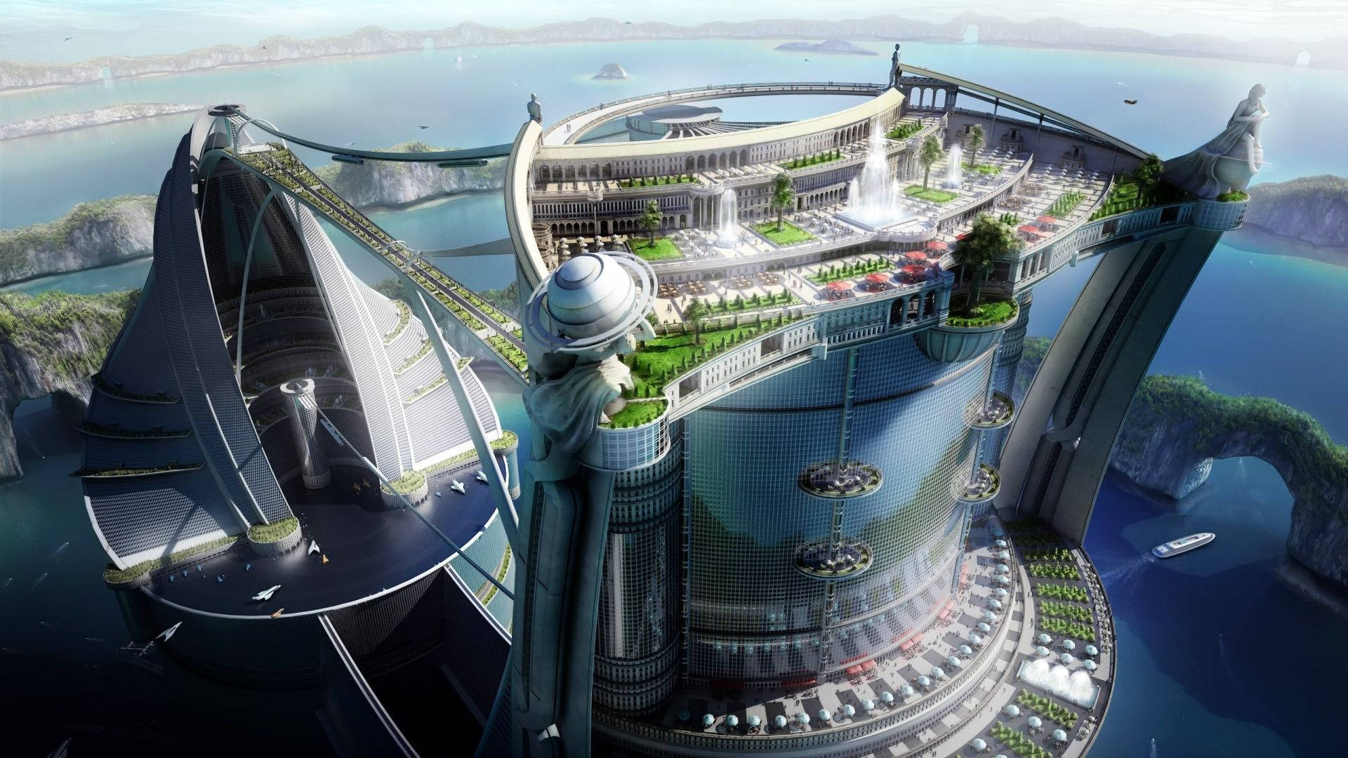 futuristic city, glass towers, green terraces, Full HD Desktop Wallpaper
