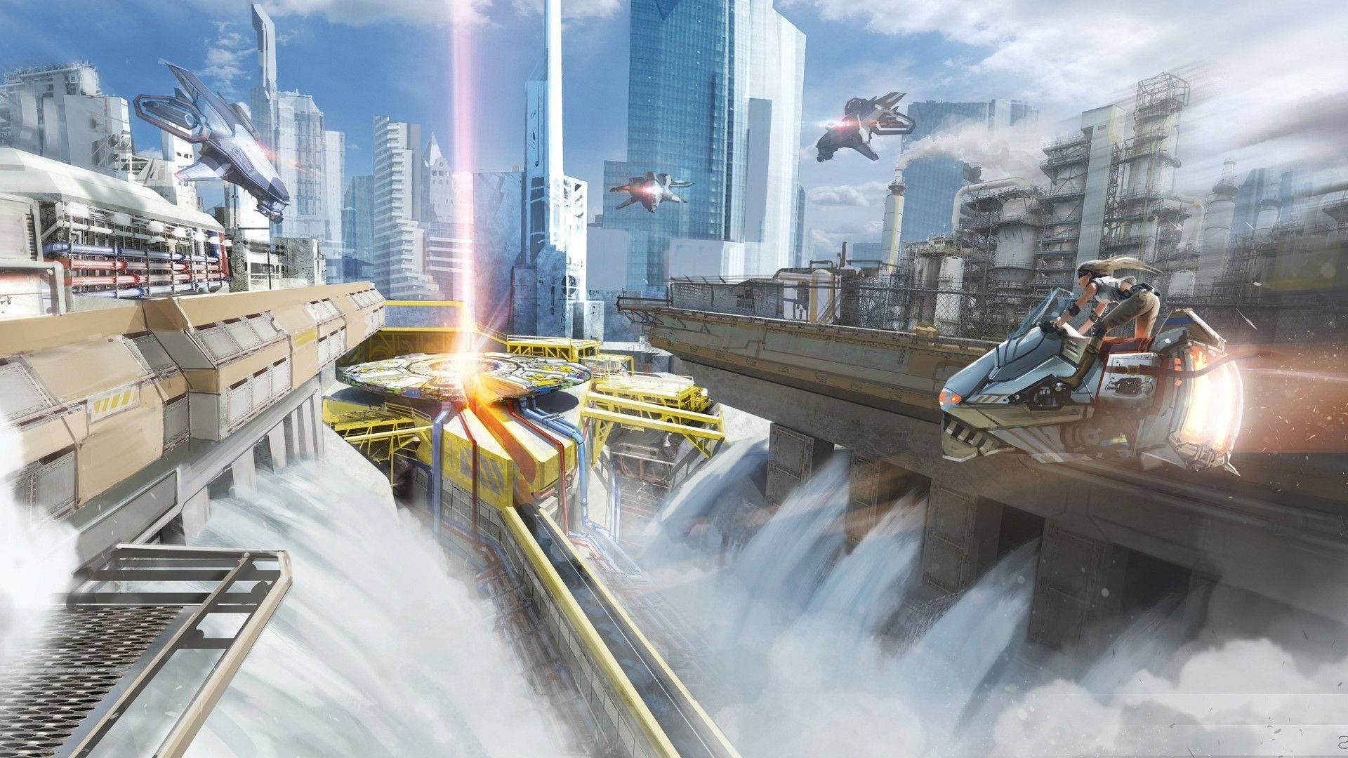 Futuristic City, water dam, flying vehicles, Full HD Desktop Wallpaper